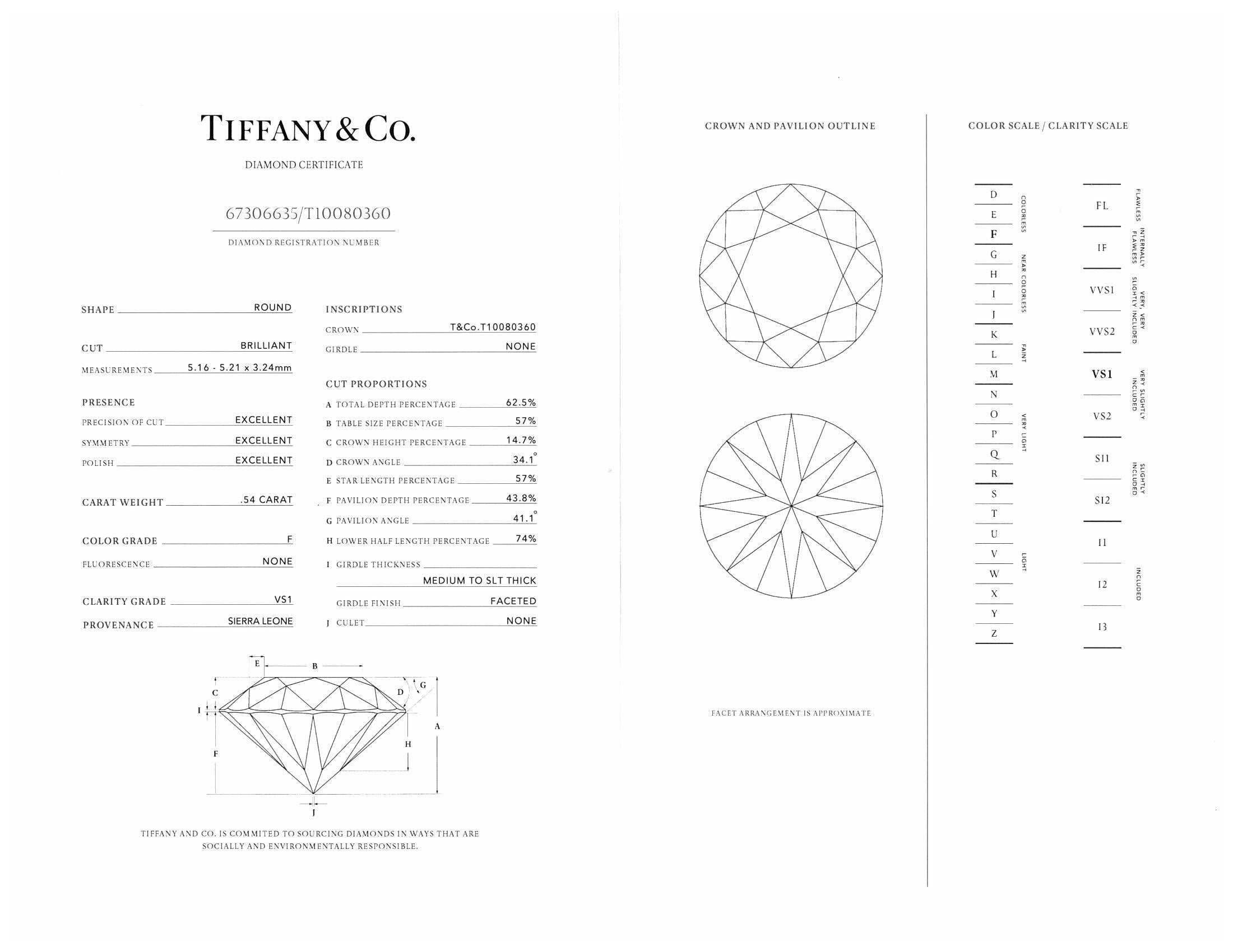 Tiffany & Co. Platinum Solitaire Round Diamond .54Ct FVS1 Engagement Ring 1
