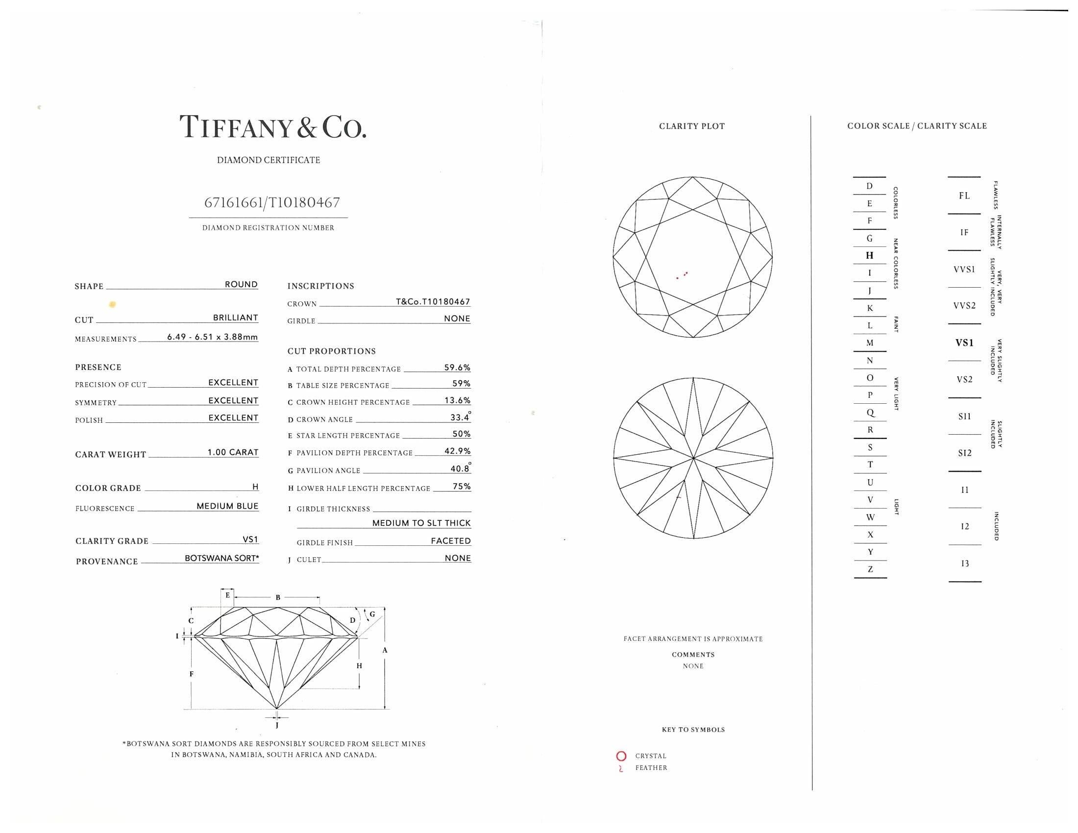 Tiffany & Co. Platinum Solitaire Round Diamond Engagement Ring 1.00ct HVS1 2