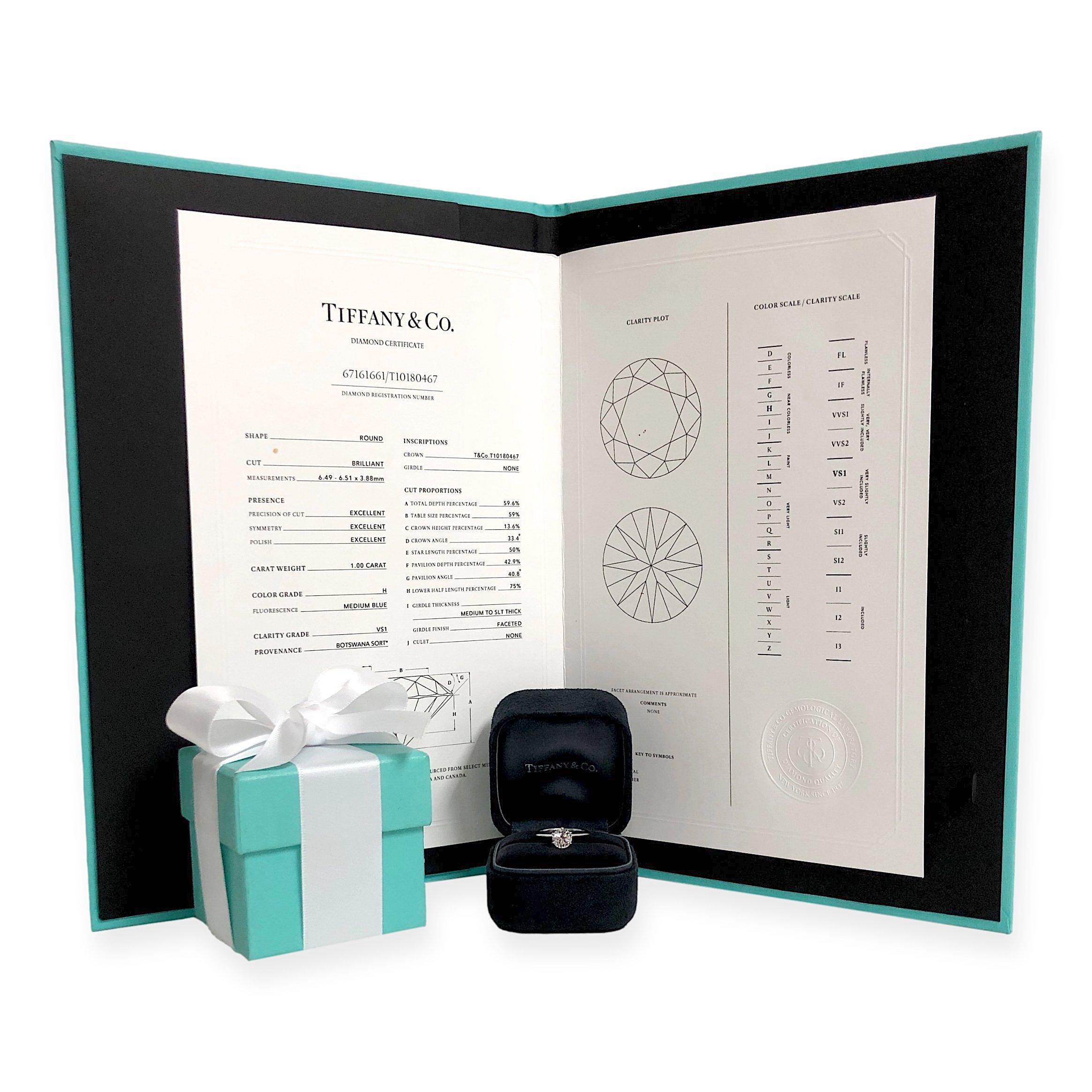 Women's Tiffany & Co. Platinum Solitaire Round Diamond Engagement Ring 1.00ct HVS1