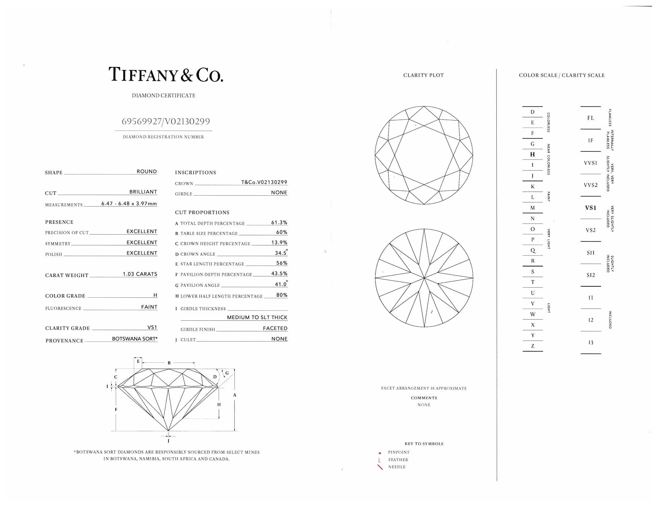 Tiffany & Co. Platinum Solitaire Round Diamond Engagement Ring 1.03 HVS1 4