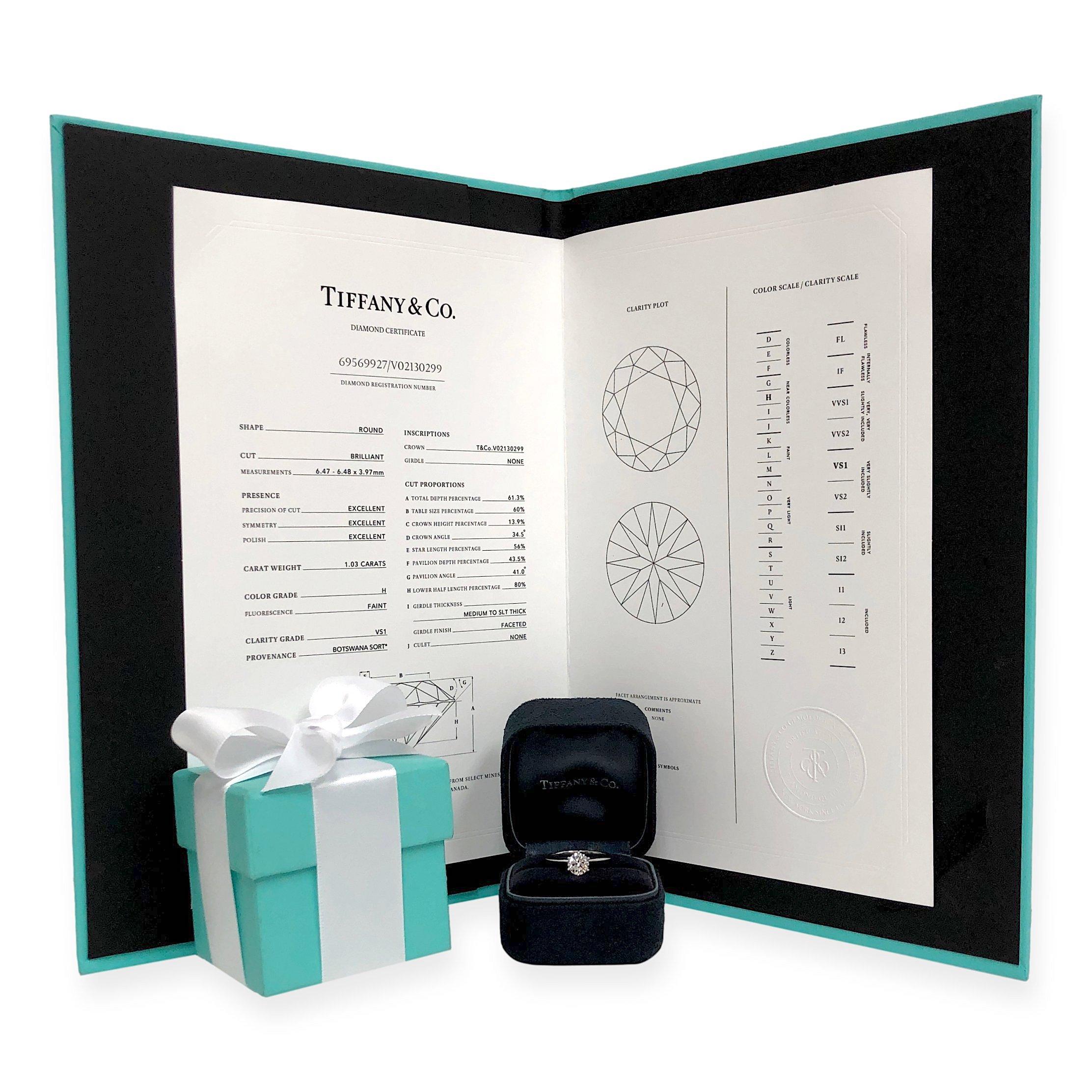 Tiffany & Co. Platinum Solitaire Round Diamond Engagement Ring 1.03 HVS1 3