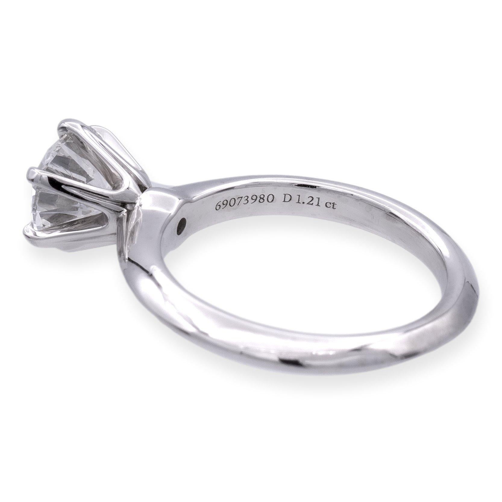 Modern Tiffany & Co. Platinum Solitaire Round Diamond Engagement Ring 1.21 FVS1