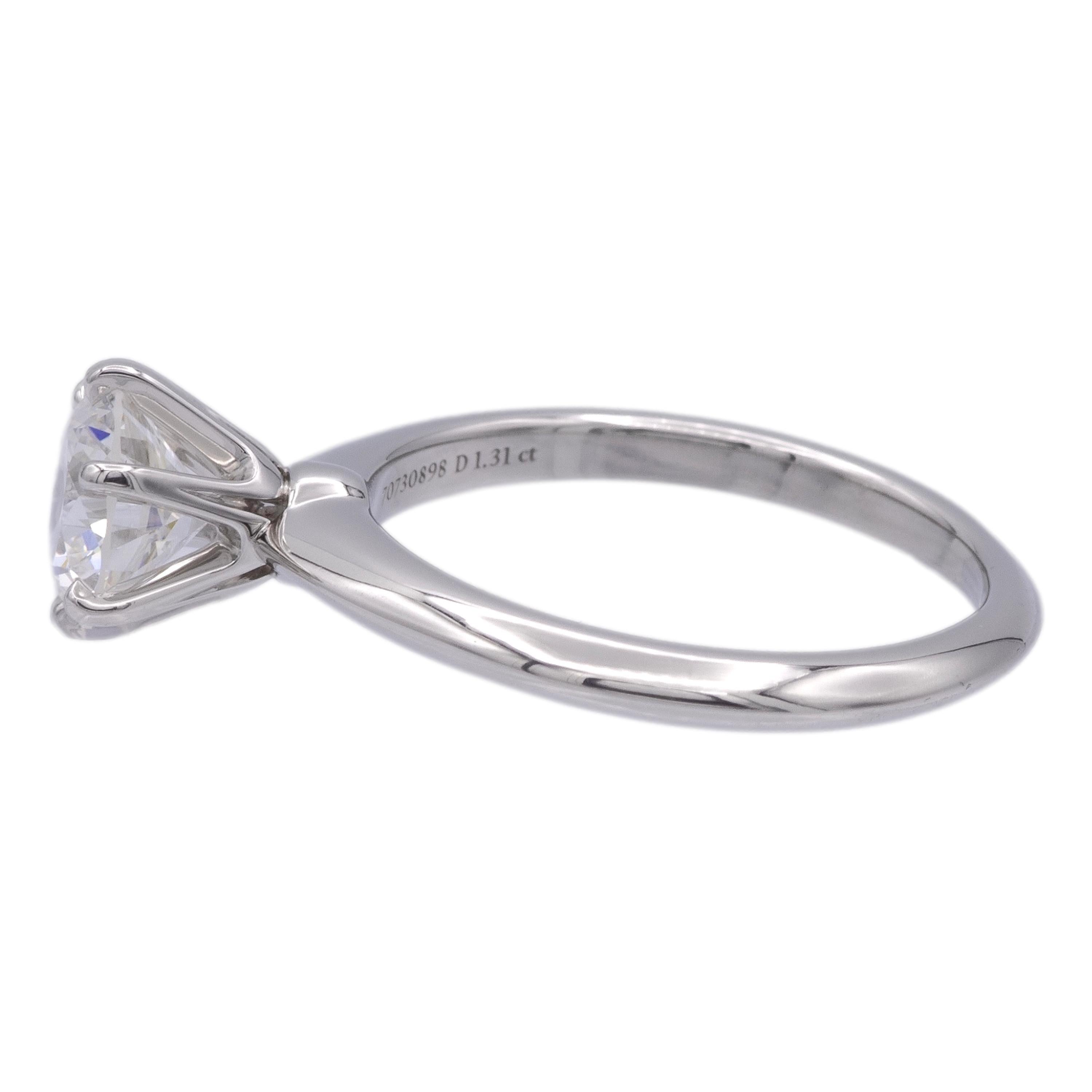Modern Tiffany & Co. Platinum Solitaire Round Diamond Engagement Ring 1.31ct G VVS2 For Sale