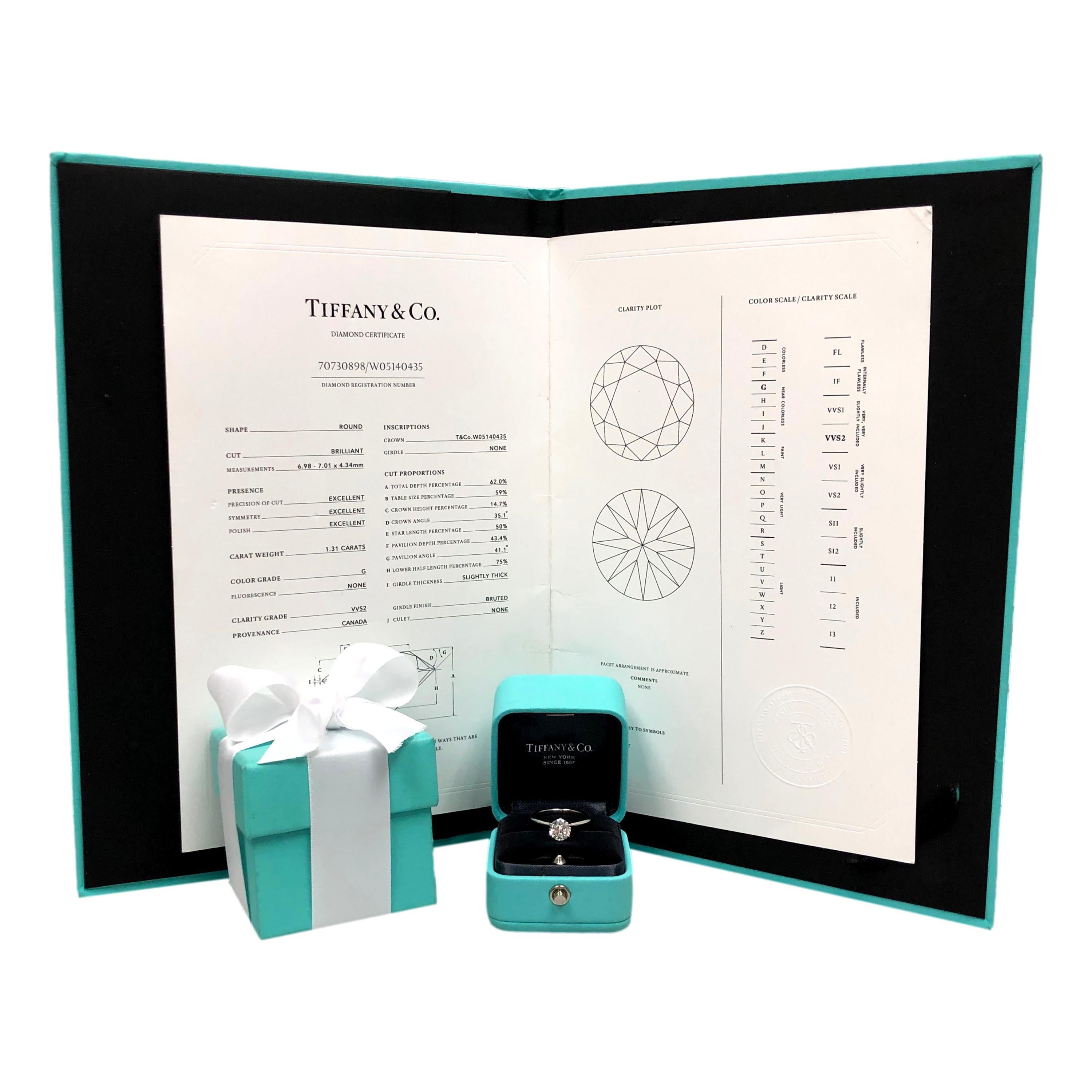 Women's Tiffany & Co. Platinum Solitaire Round Diamond Engagement Ring 1.31ct G VVS2 For Sale