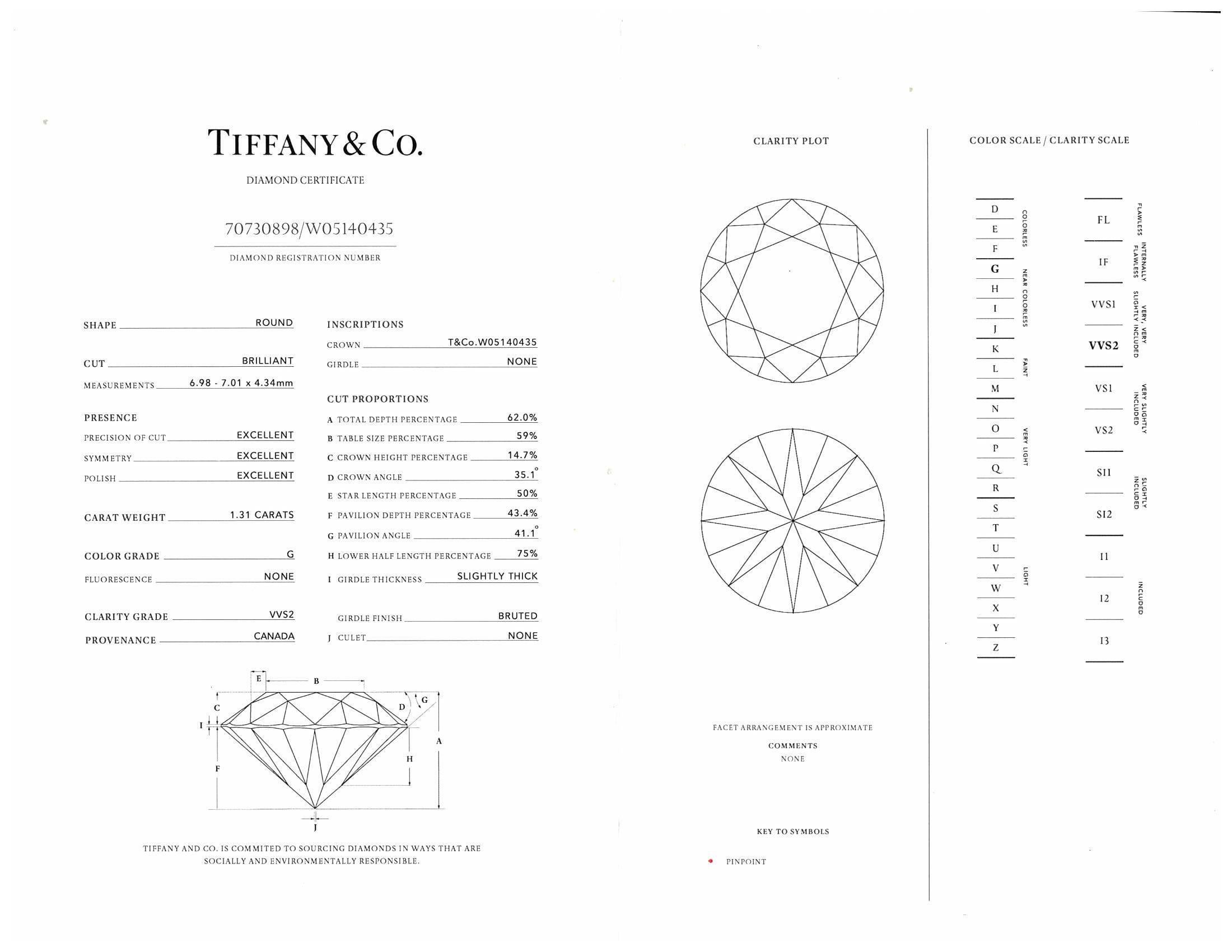 Tiffany & Co. Platinum Solitaire Round Diamond Engagement Ring 1.31ct G VVS2 1