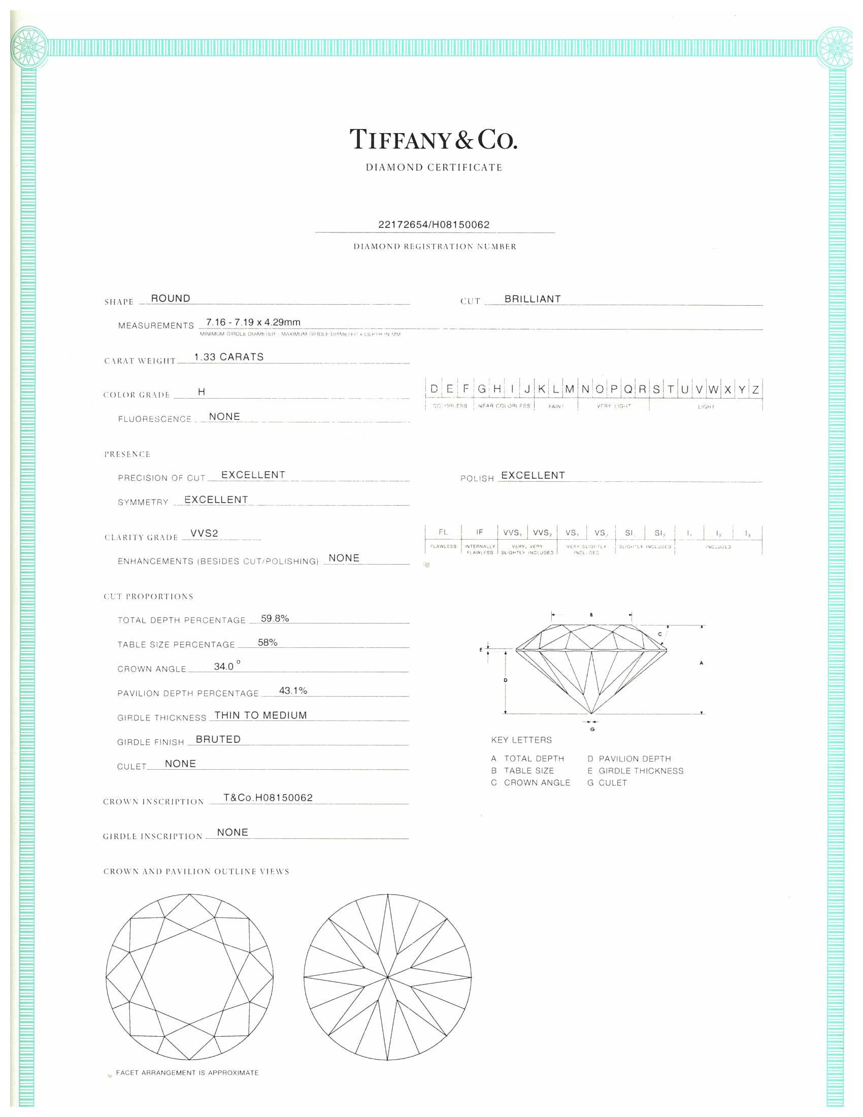 Tiffany & Co. Platinum Solitaire Round Diamond Engagement Ring 1.33 HVVS2 5