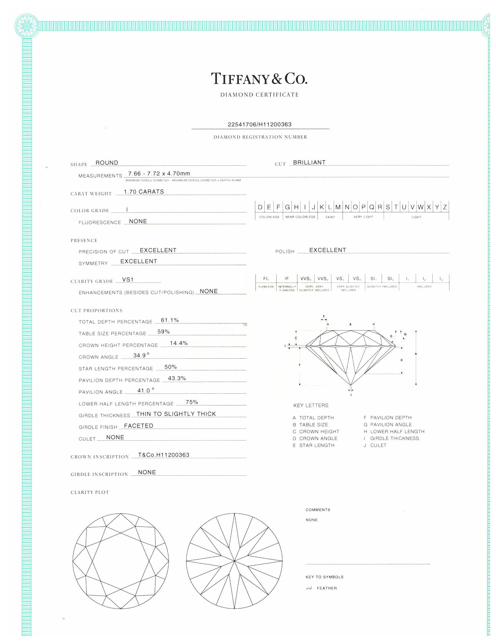 Tiffany & Co. Platinum Solitaire Round Diamond Engagement Ring 1.70ct IVS1 4