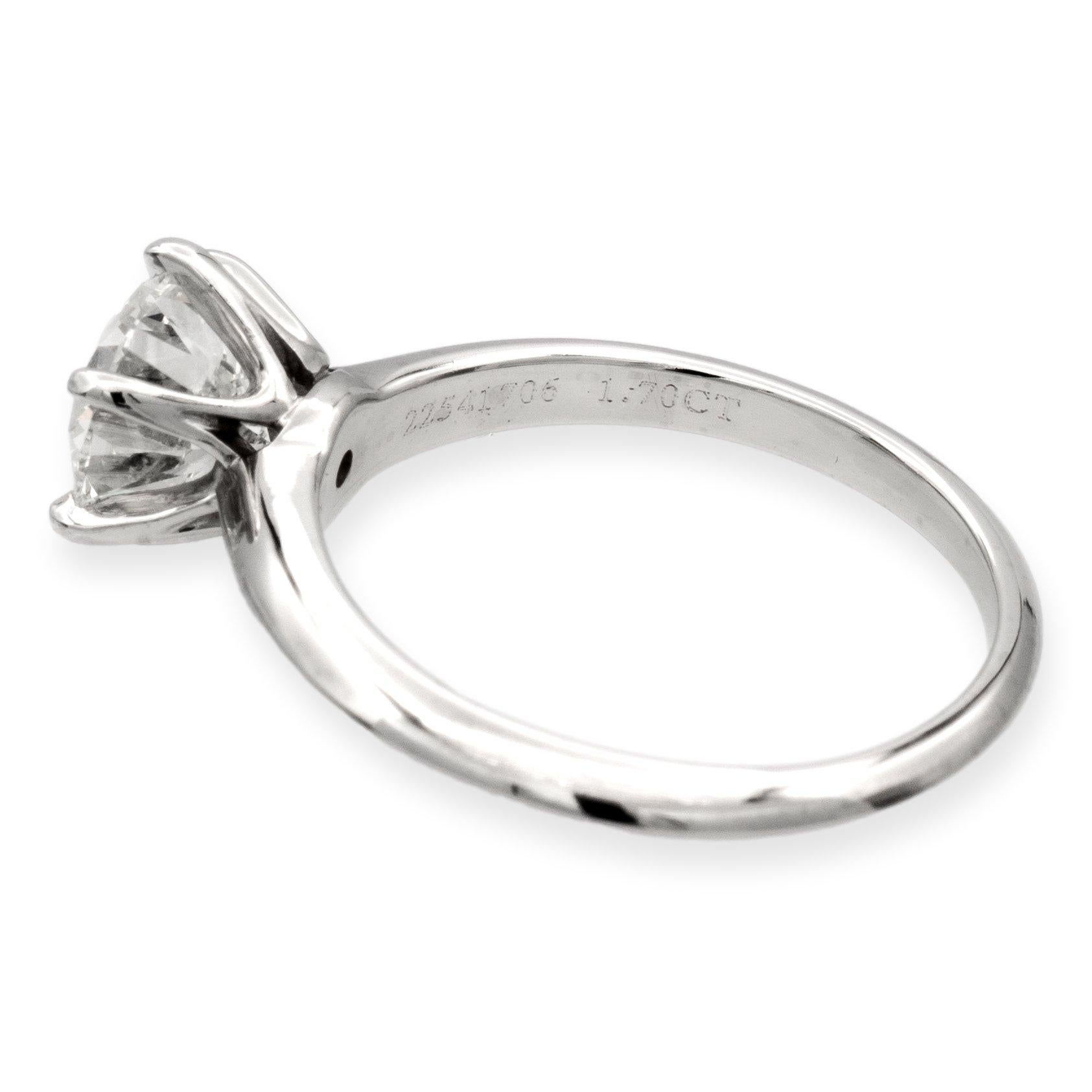 Contemporary Tiffany & Co. Platinum Solitaire Round Diamond Engagement Ring 1.70ct IVS1
