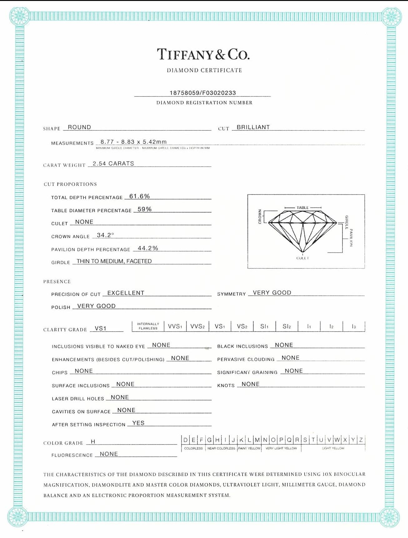 Tiffany & Co. Platinum Solitaire Round Diamond Engagement Ring 2.54Ct HVS1 2