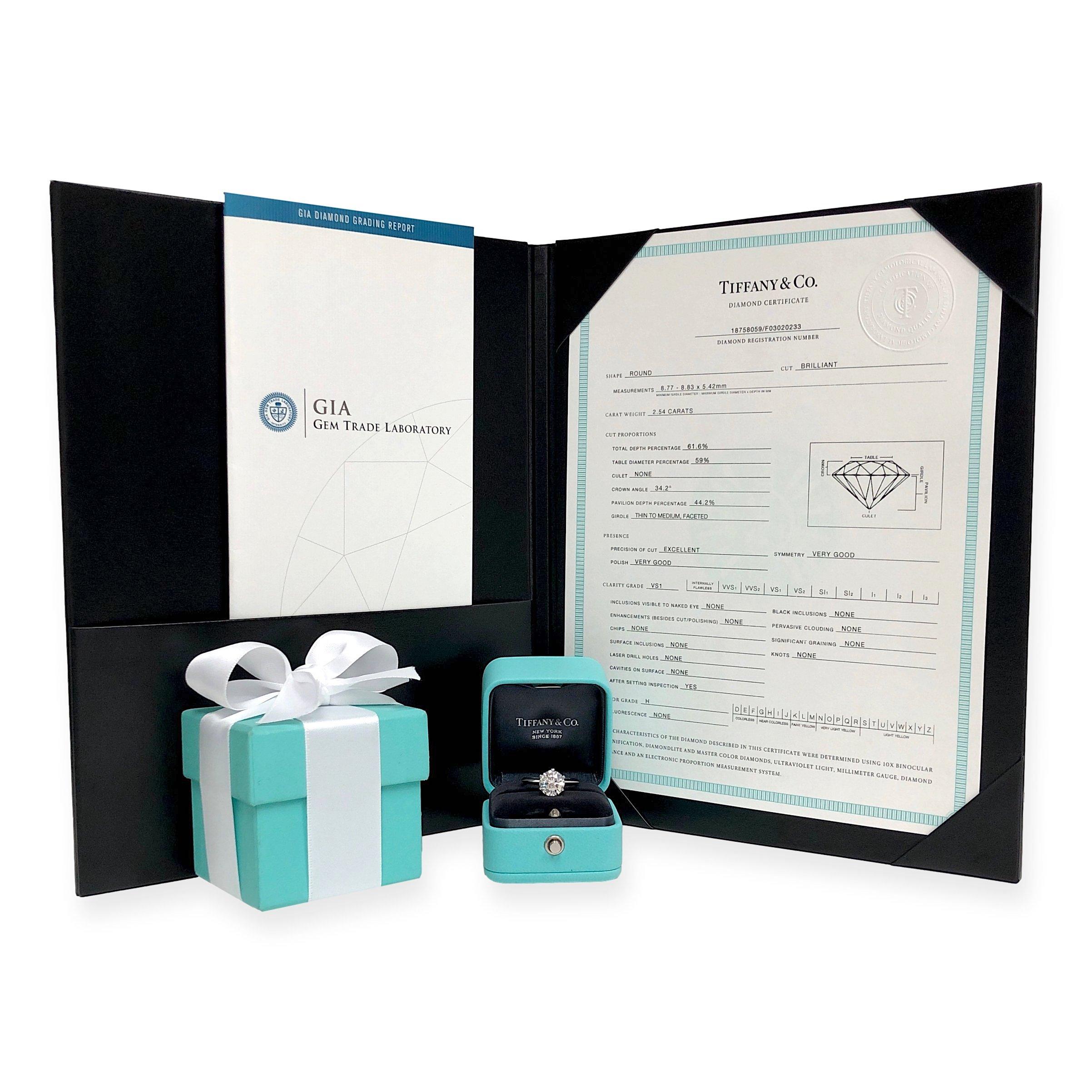 Tiffany & Co. Platinum Solitaire Round Diamond Engagement Ring 2.54Ct HVS1 1