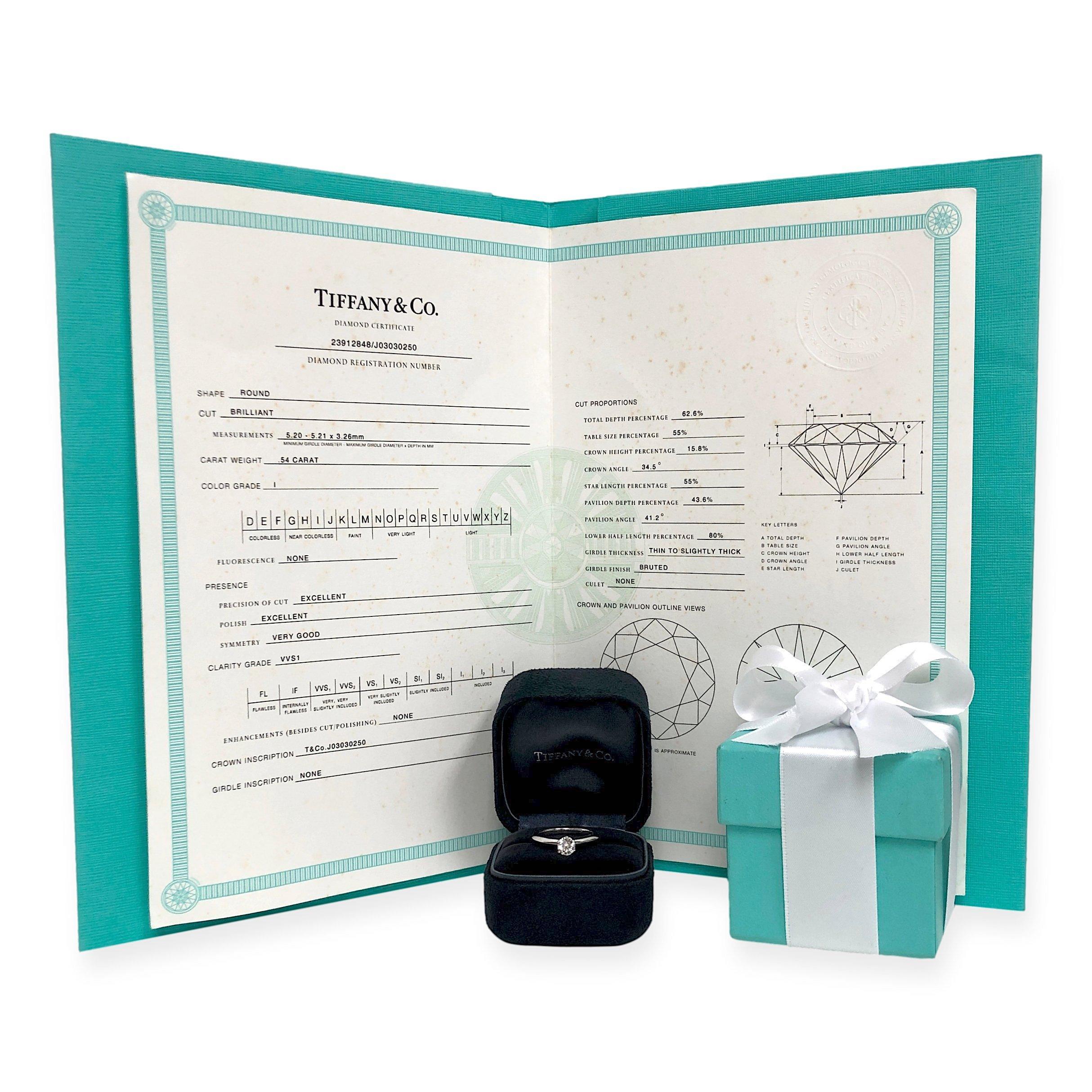 Tiffany & Co. Platinum Solitaire Round Diamond Engagement Ring .54Ct IVVS1 For Sale 4