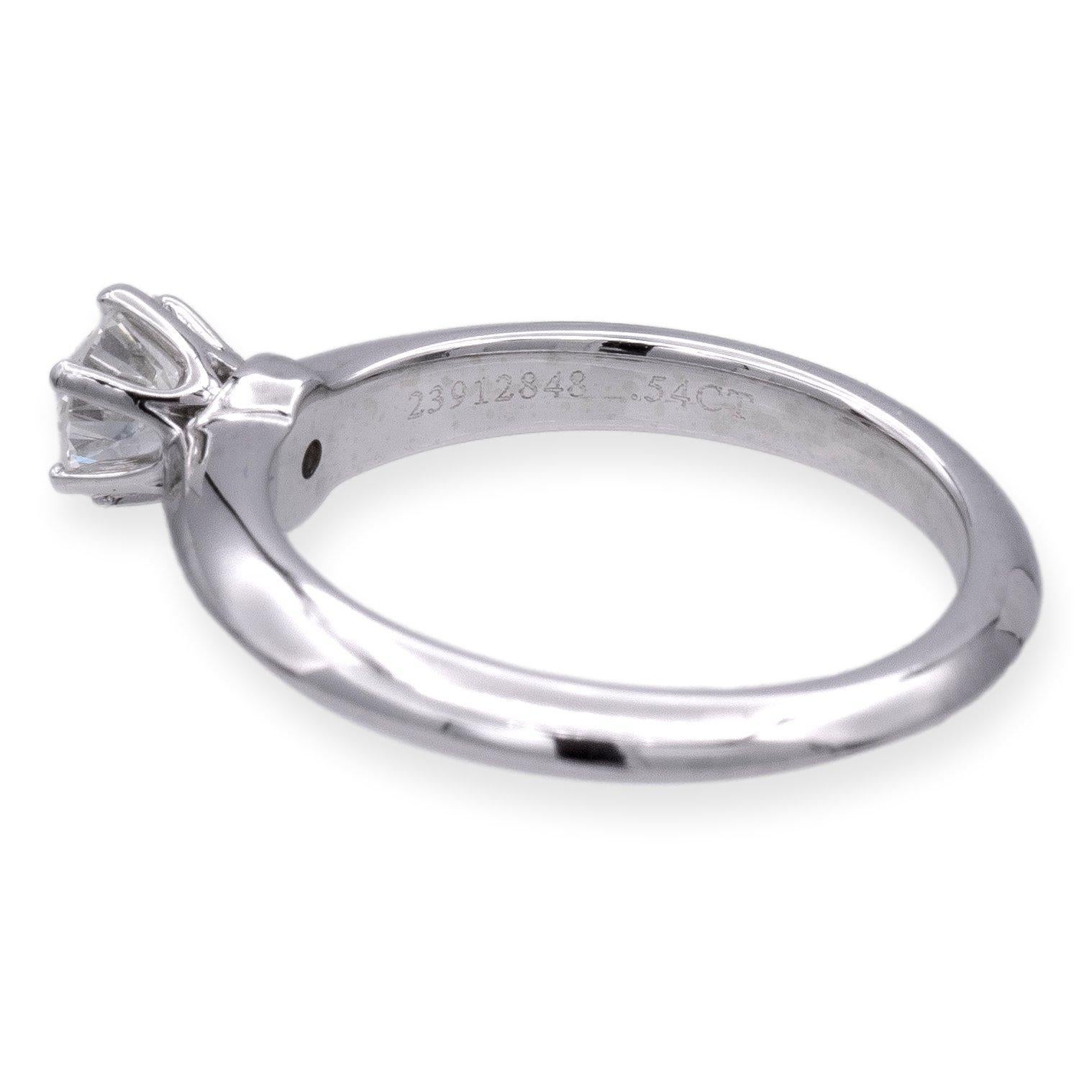 Women's Tiffany & Co. Platinum Solitaire Round Diamond Engagement Ring .54Ct IVVS1 For Sale