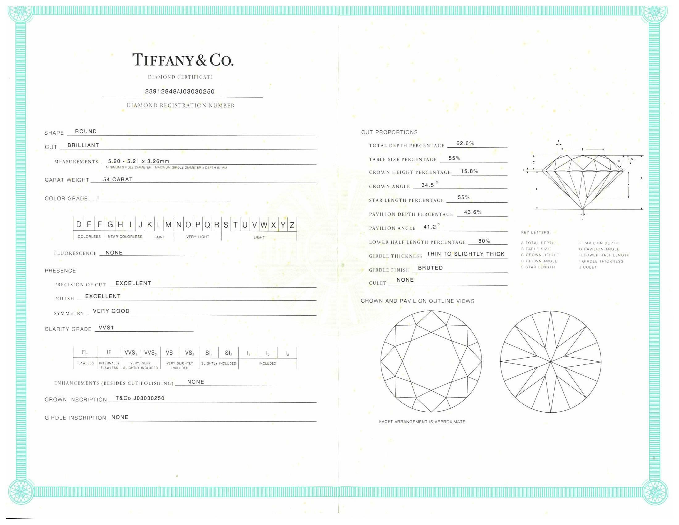 Tiffany & Co. Bague de fiançailles solitaire en platine à diamant rond .54Ct IVVS1 en vente 3