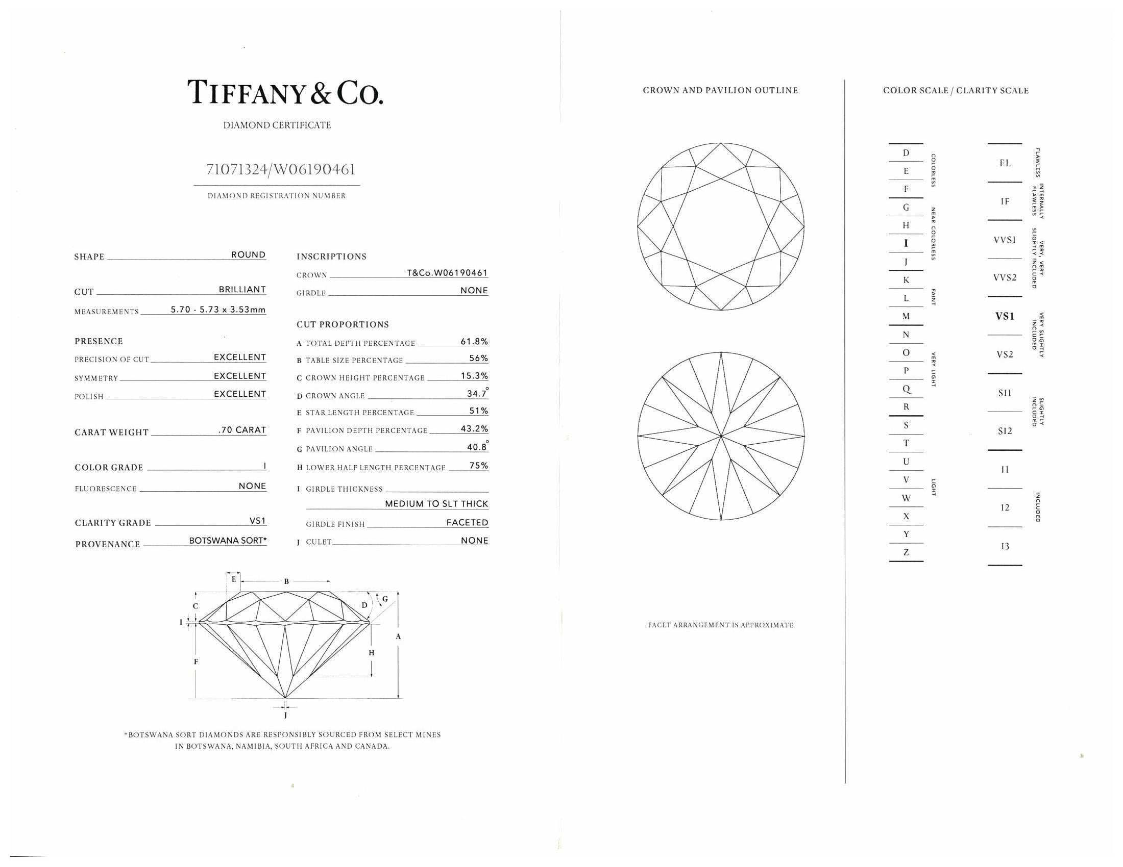 Tiffany & Co. Platinum Solitaire Round Diamond Engagement Ring .70 I VS1 4