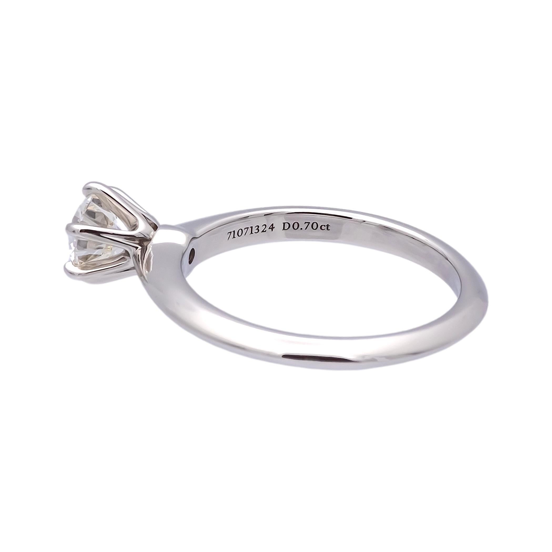 Modern Tiffany & Co. Platinum Solitaire Round Diamond Engagement Ring .70 I VS1