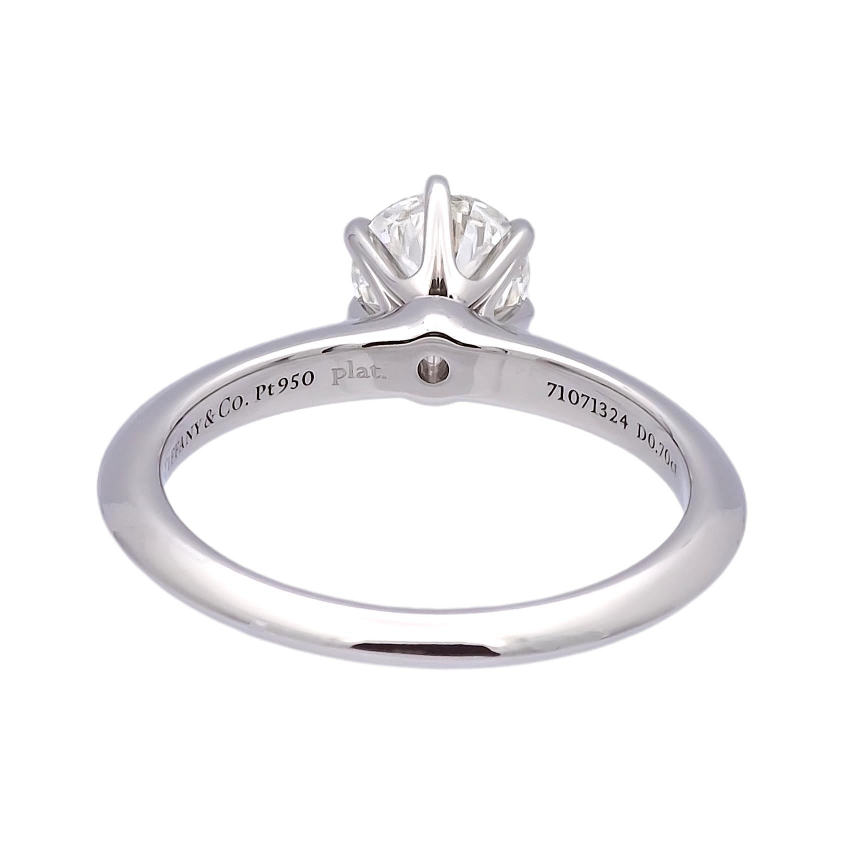 Brilliant Cut Tiffany & Co. Platinum Solitaire Round Diamond Engagement Ring .70 I VS1