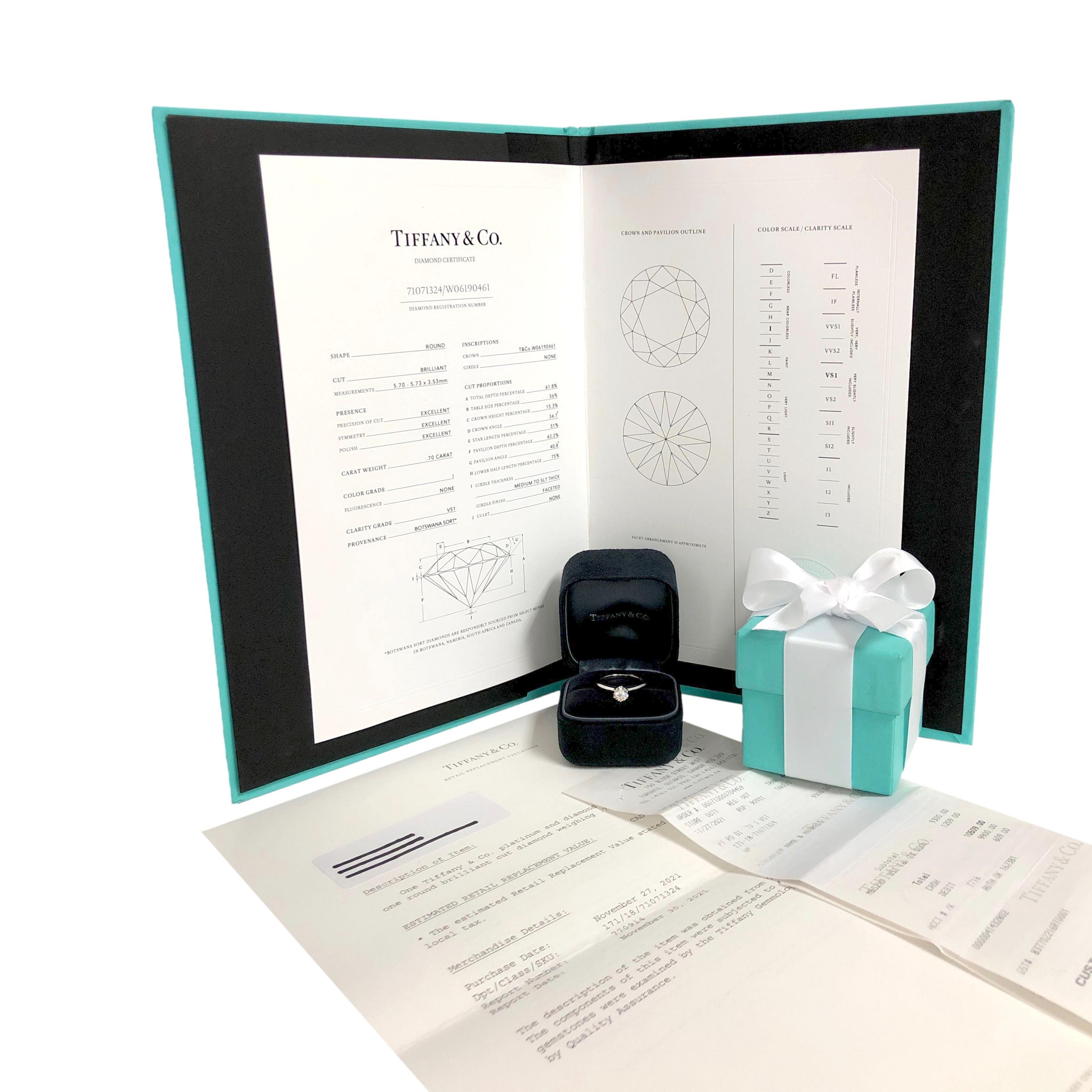 Tiffany & Co. Platinum Solitaire Round Diamond Engagement Ring .70 I VS1 3