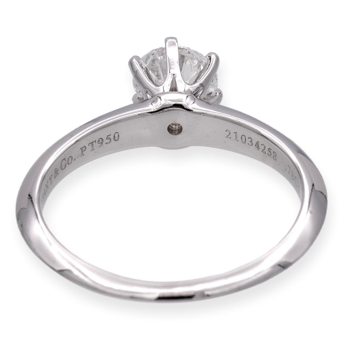Modern Tiffany & Co. Platinum Solitaire Round Diamond Engagement Ring .78ct FVS1