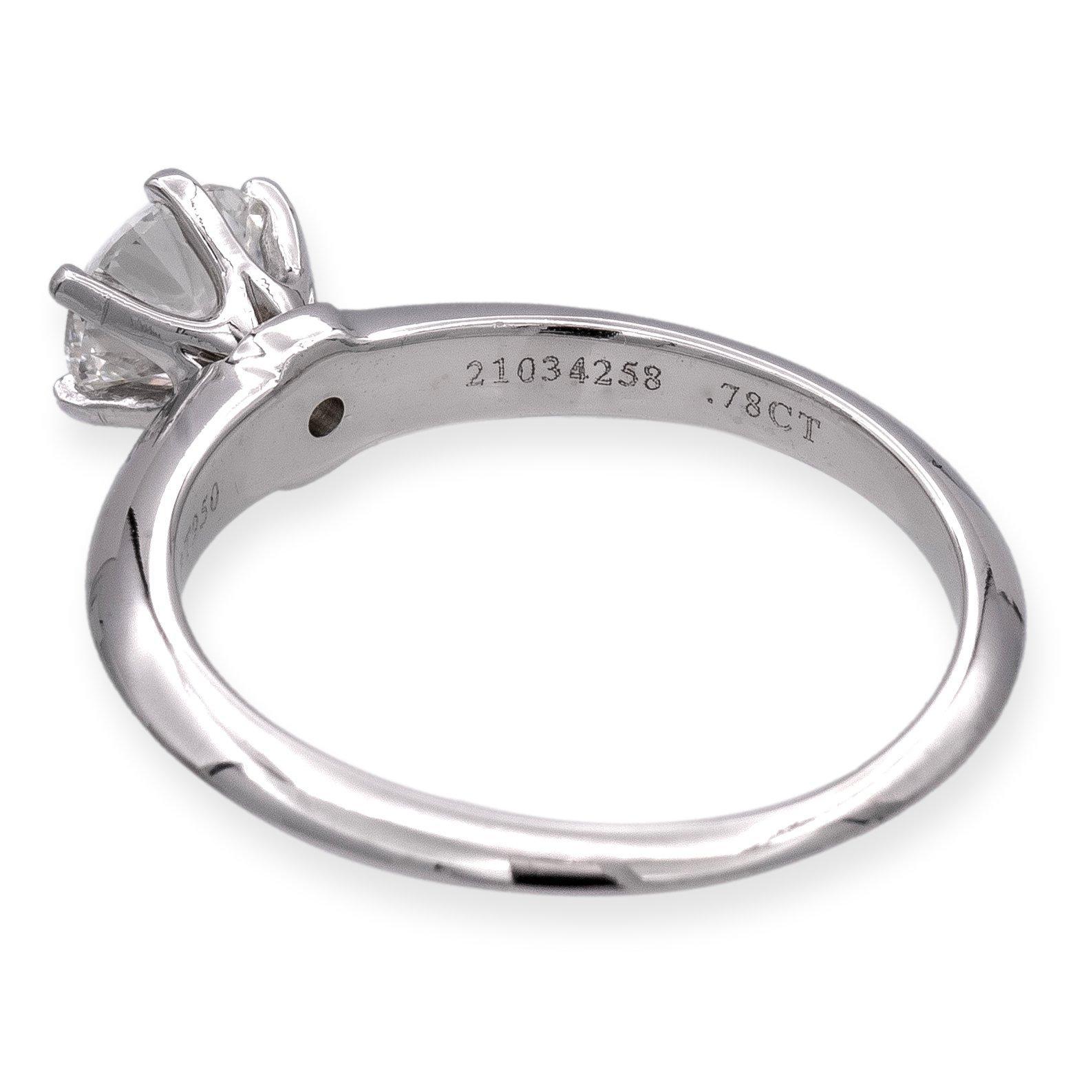 Round Cut Tiffany & Co. Platinum Solitaire Round Diamond Engagement Ring .78ct FVS1