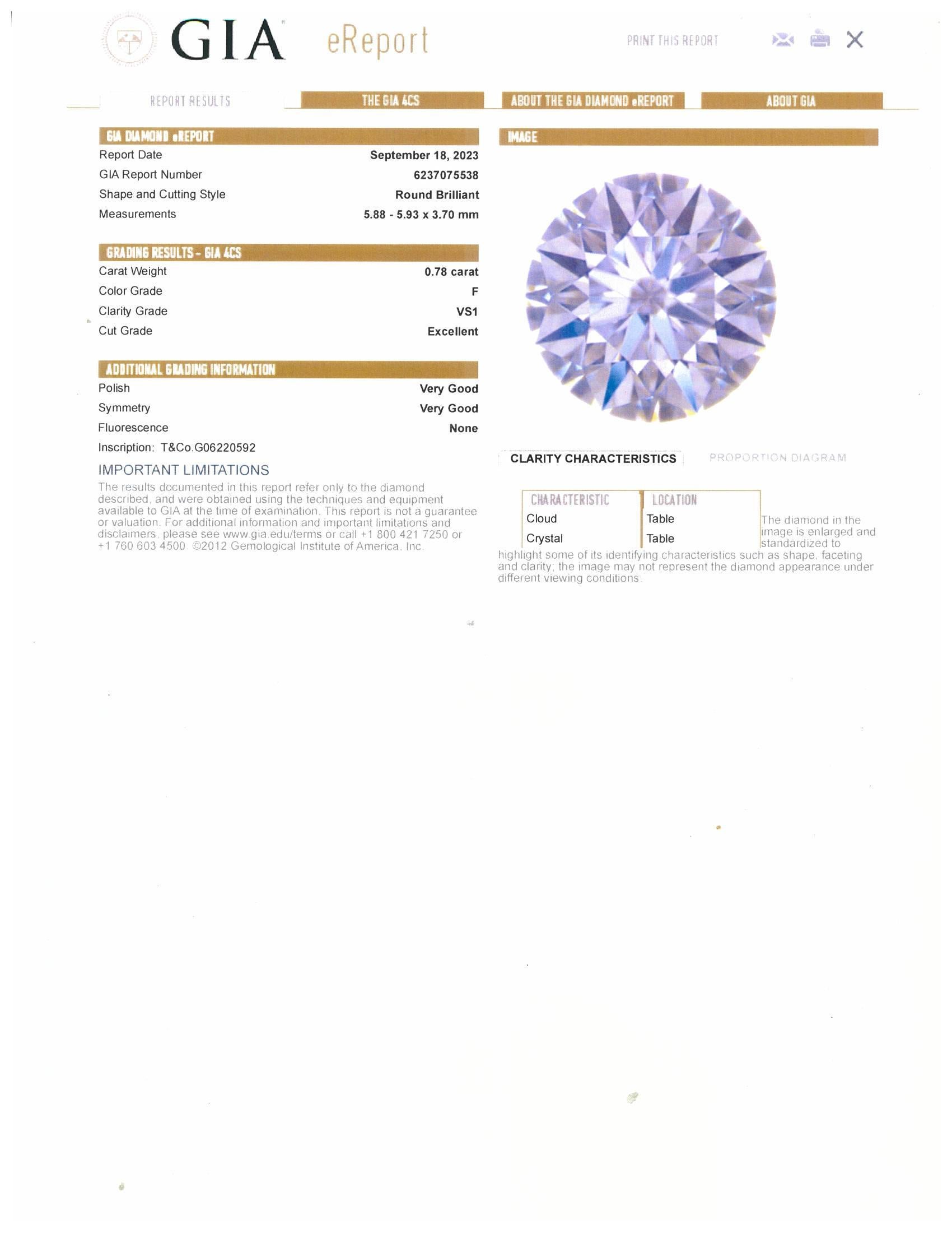 Tiffany & Co. Platinum Solitaire Round Diamond Engagement Ring .78ct FVS1 2