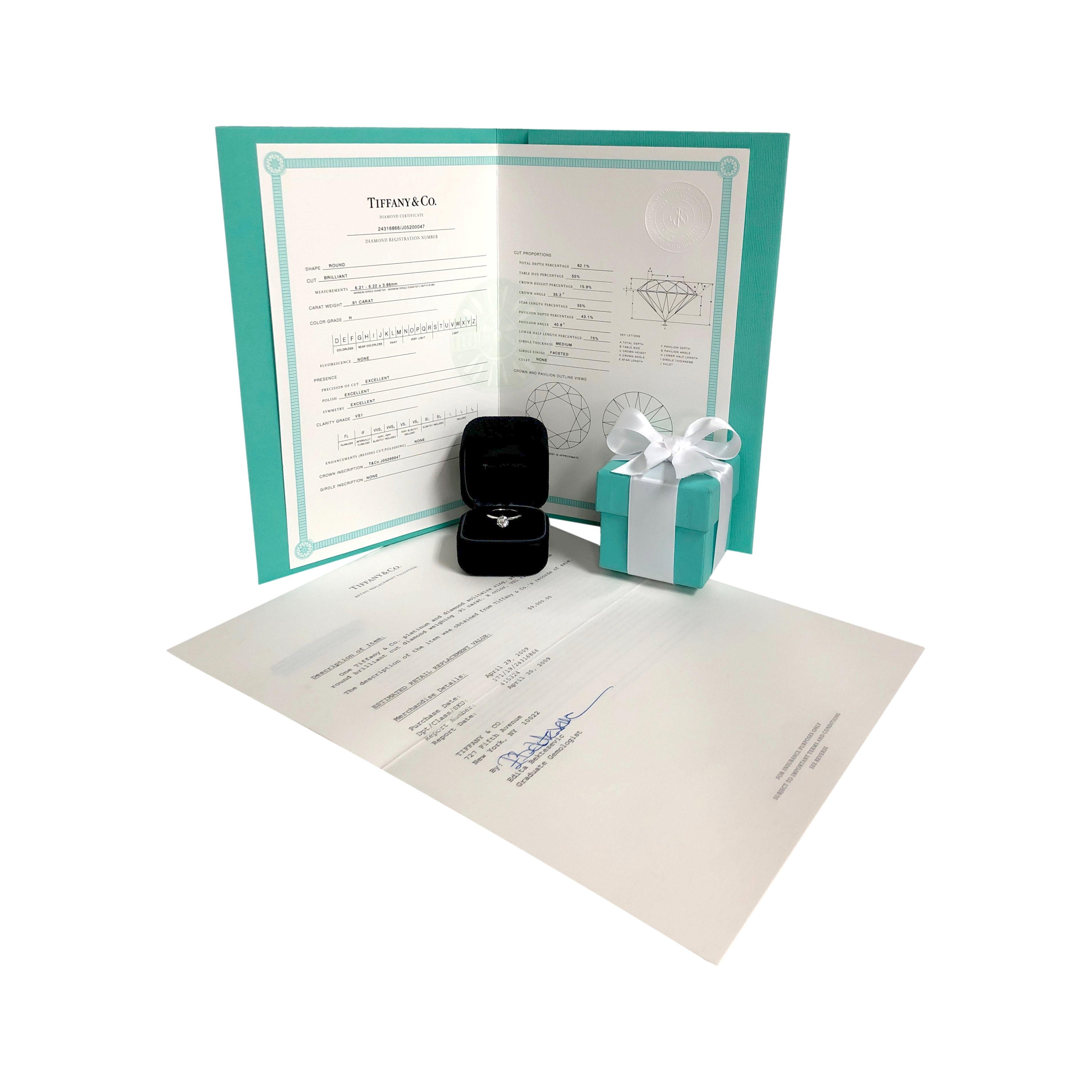 Tiffany & Co. Platinum Solitaire Round Diamond Engagement Ring .91ct HVS1 3