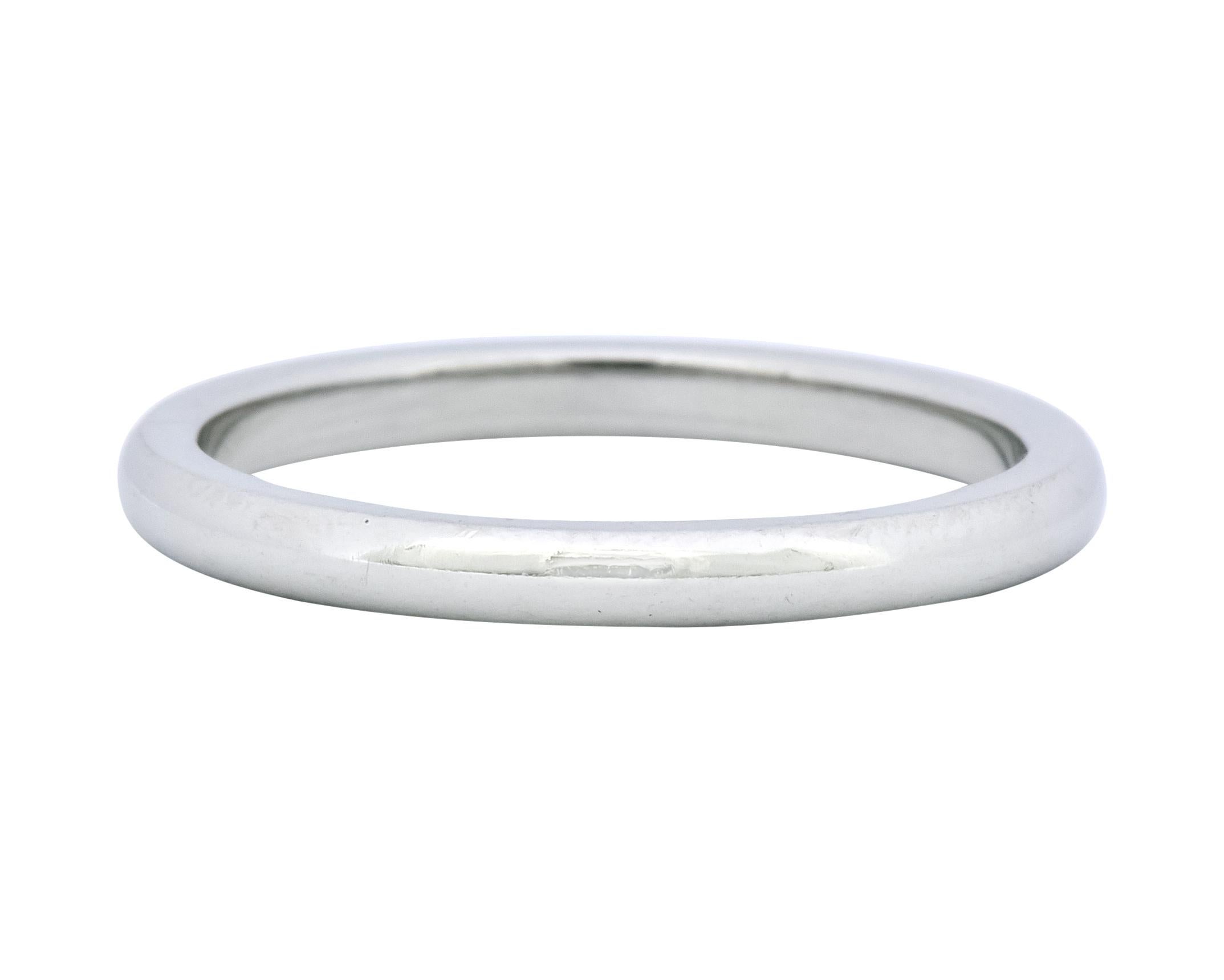 Platinum band with rounded curvature and polished finish

Fully Signed Tiffany & Co.

Stamped PT950 for platinum

Ring Size: 6 & sizable

Top measures: 1.9 mm and sits 1.7 mm high

Total weight: 3.7 grams

Gleaming. Glorious. Gift. 
 


Stock
