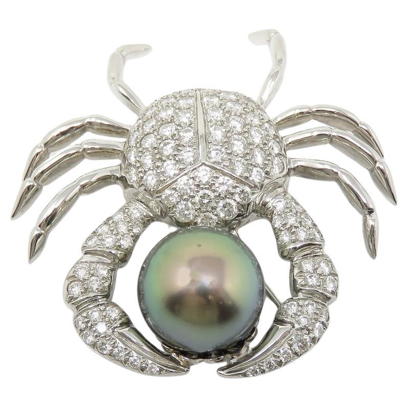 Round Cut Tiffany & Co. Platinum Tahitian Pear Crab Diamond Pave Brooch For Sale