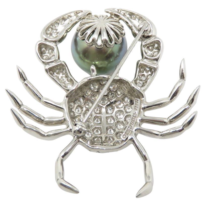 Tiffany & Co. Platinum Tahitian Pear Crab Diamond Pave Brooch In Excellent Condition For Sale In Chicago, IL