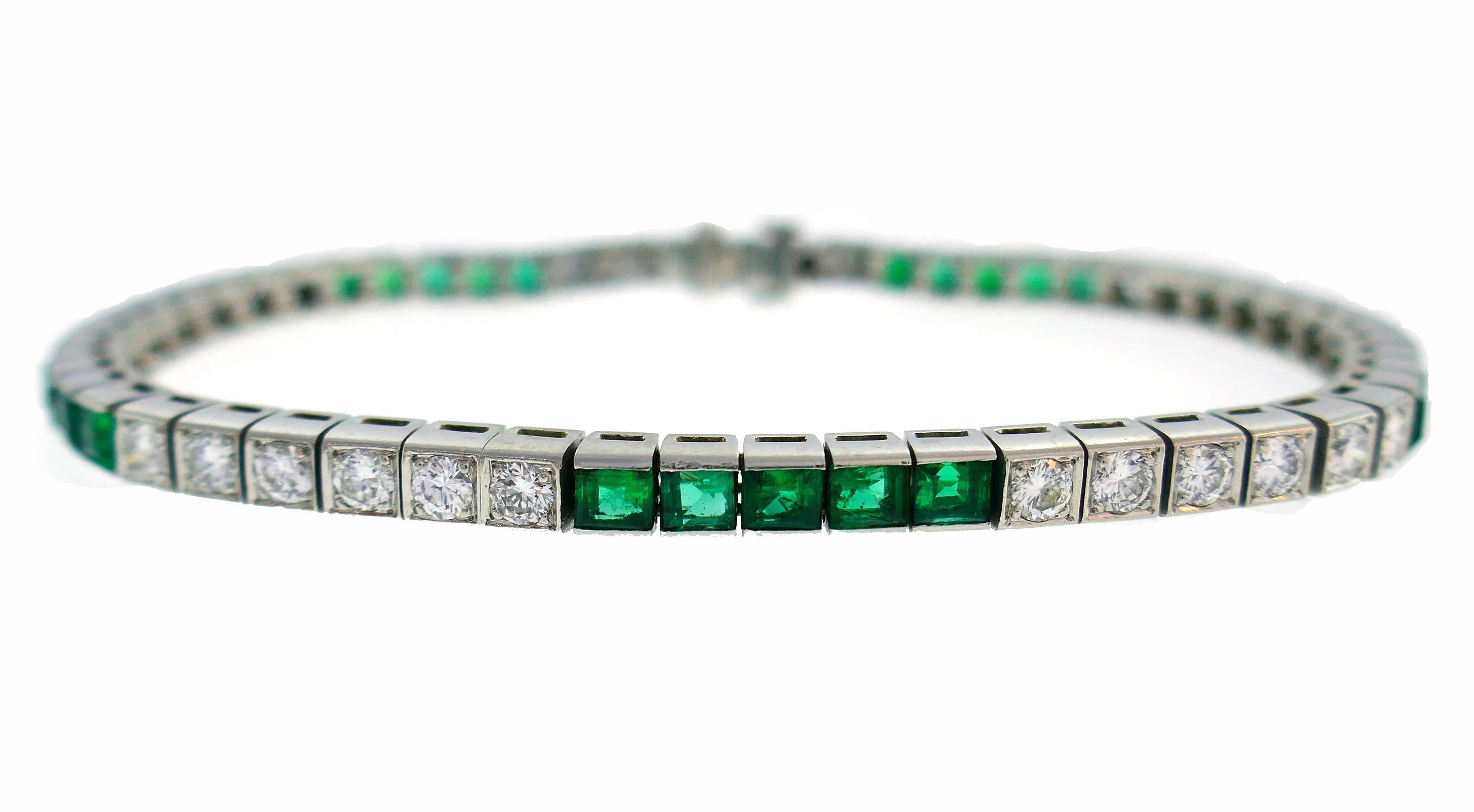 Mixed Cut Tiffany & Co. Platinum Tennis Line Bracelet with Diamond and Emerald, 1960s