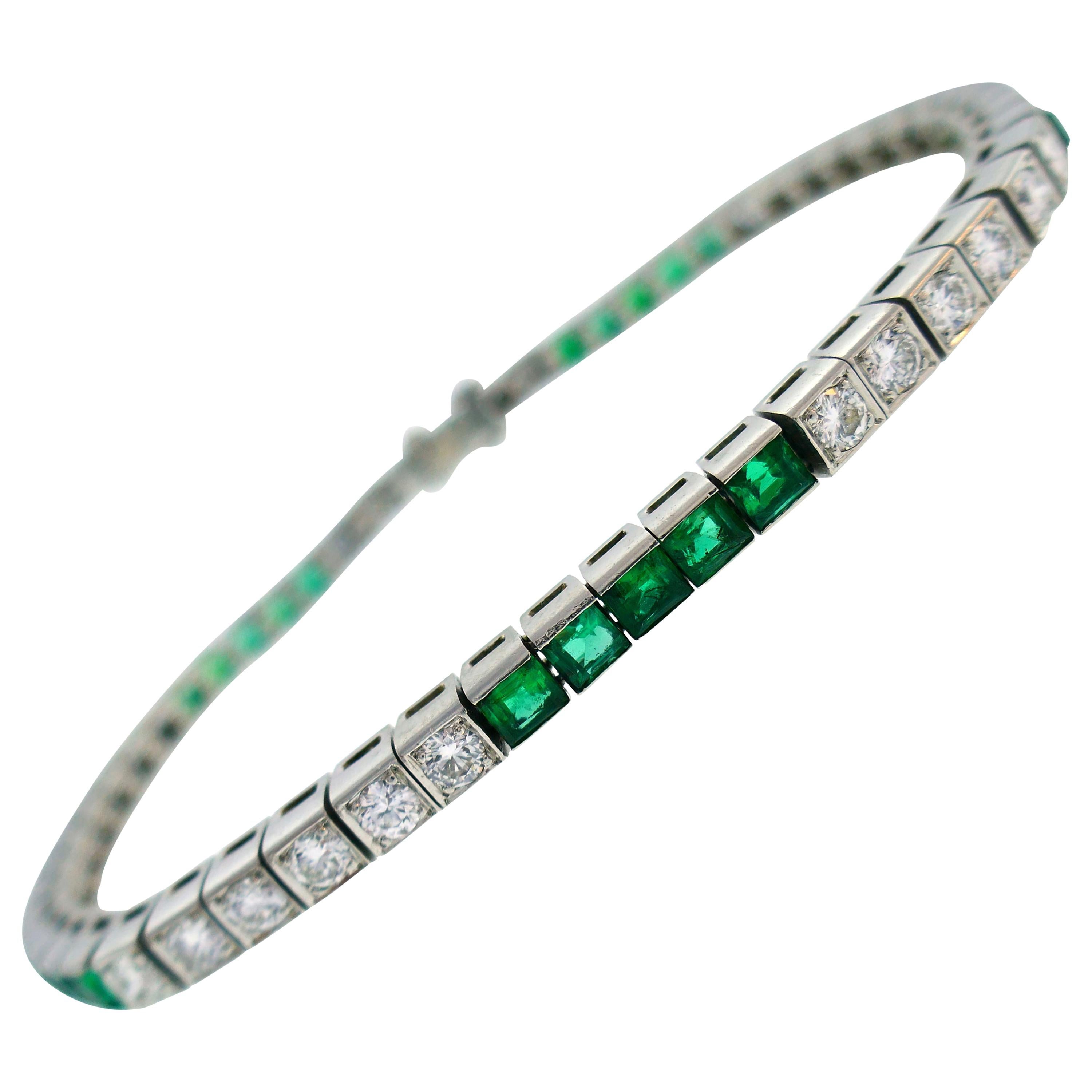 Tiffany & Co. Platinum Tennis Line Bracelet with Diamond and Emerald, 1960s