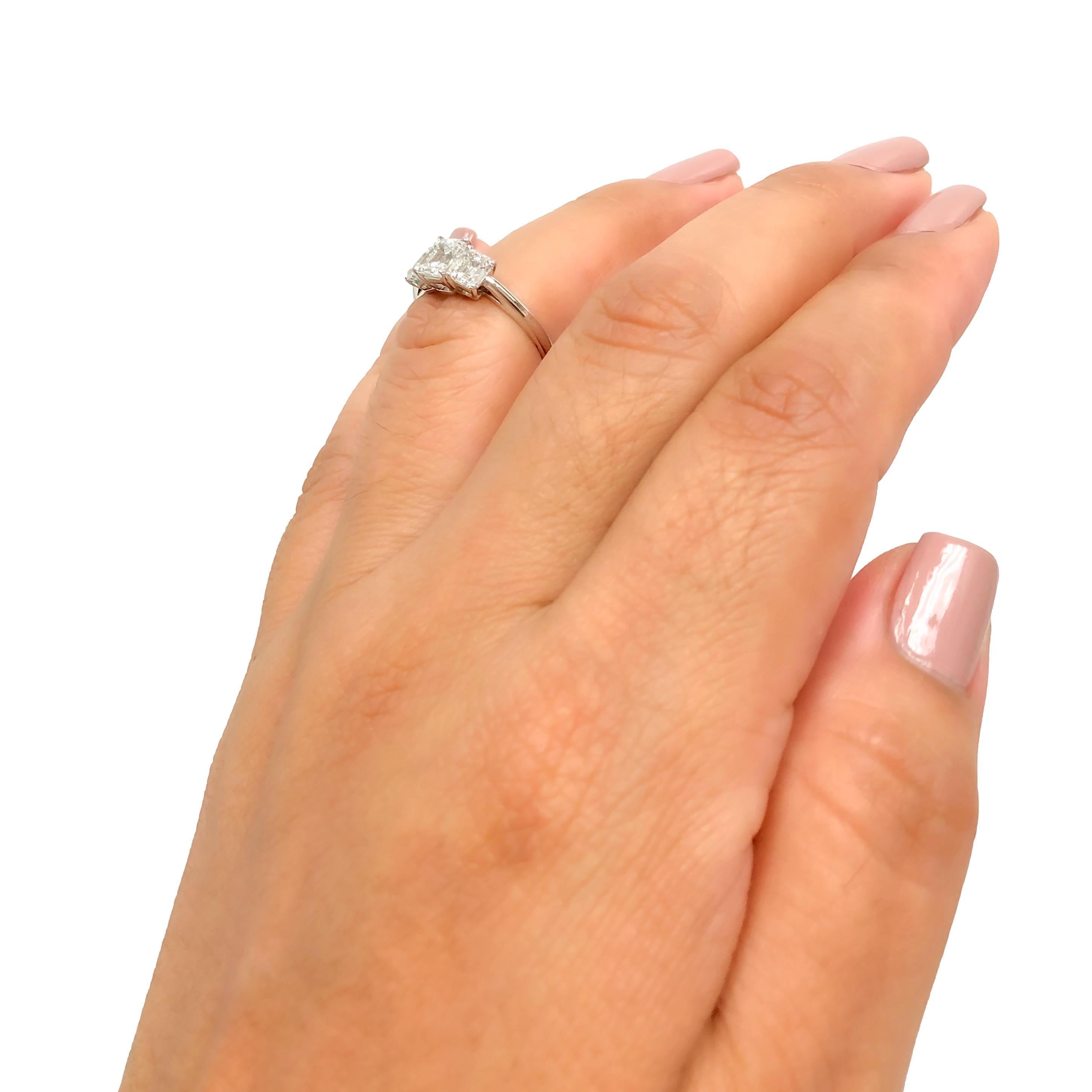 Tiffany & Co. Platinum Three-Stone Emerald Cut Engagement Ring 1.59ct TW GVVS 1