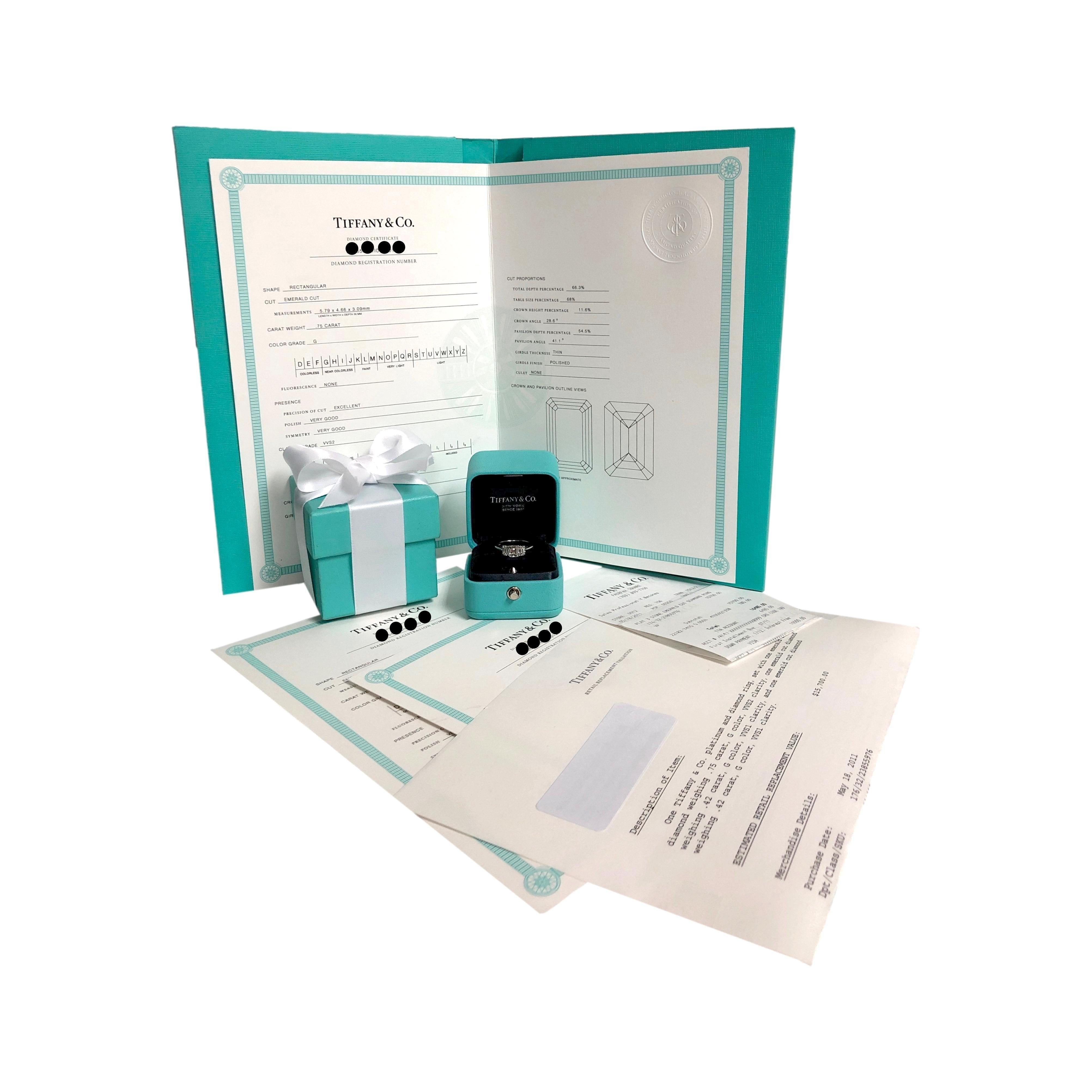 Tiffany & Co. Platinum Three-Stone Emerald Cut Engagement Ring 1.59ct TW GVVS 2