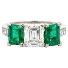 Tiffany & Co Platinum Three Stone Ring with Emeralds and 1.30ct VS1 Diamond
