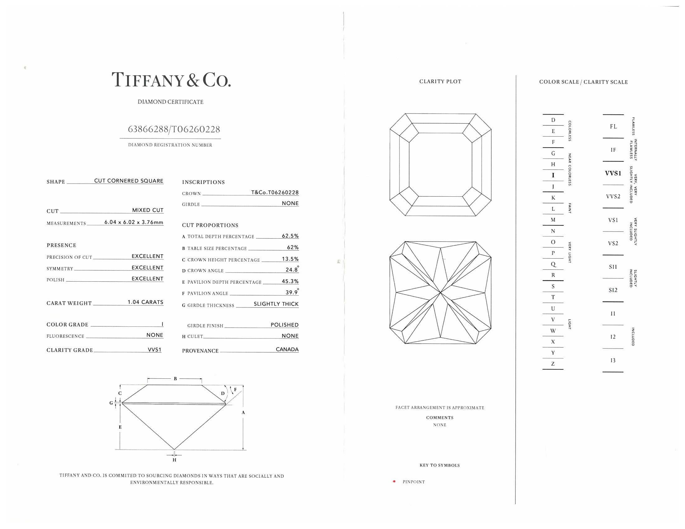 Tiffany & Co. Verlobungsring aus Platin mit True Cut-Diamant 1,04 Karat I VVS1 4