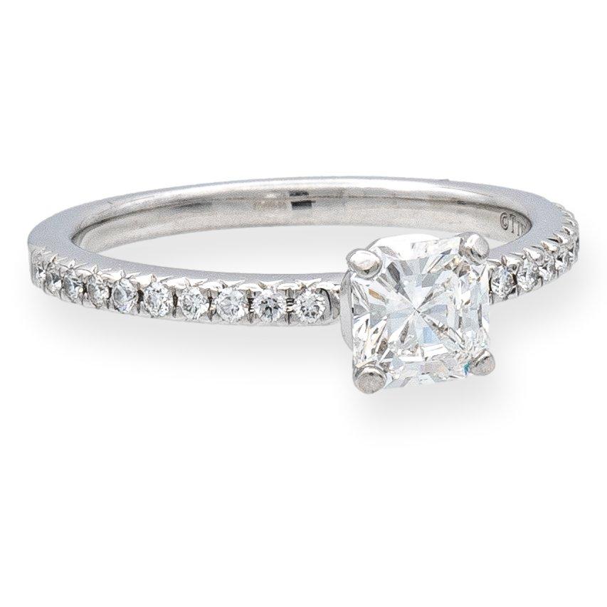 Pre-Owned Tiffany & Co. engagement ring from the True collection finely crafted in platinum featuring a cushion brilliant diamond center weighing 0.50 carats , F color , VS1 clarity set in a 4 prong 