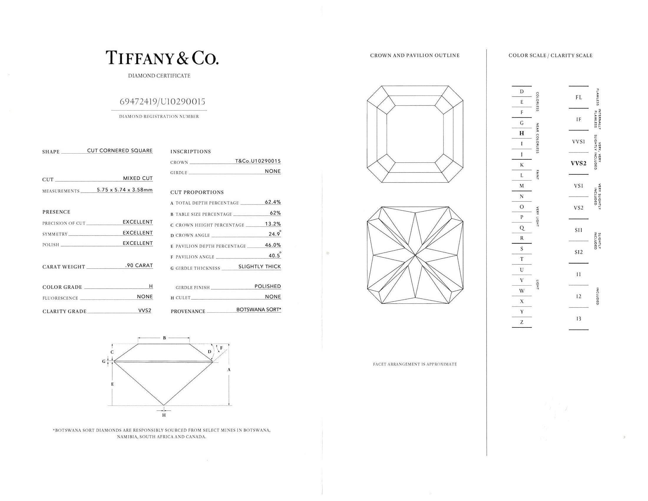 Women's Tiffany & Co. Platinum True Cut Diamond Engagement Ring .99 Carat Tw H VVS2