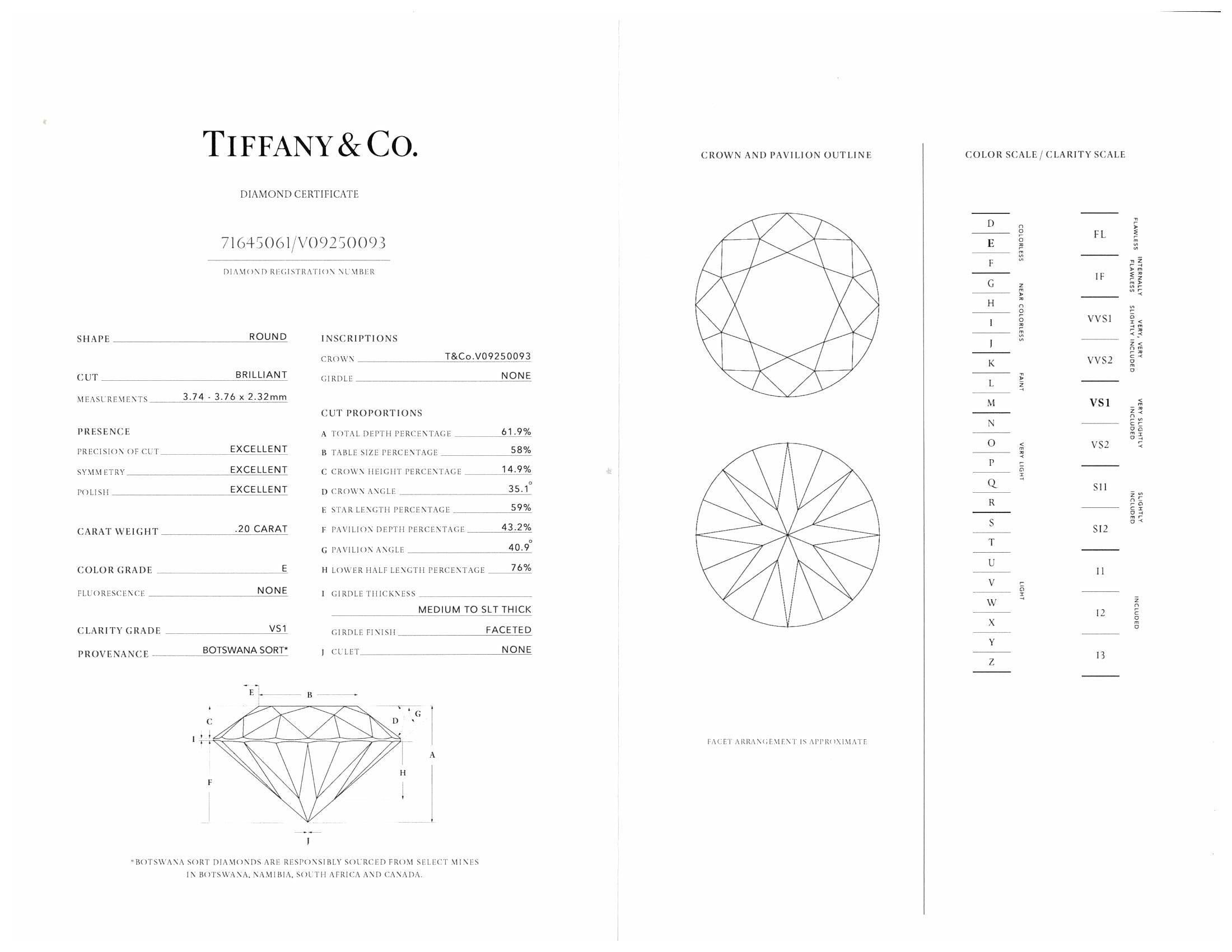 Women's Tiffany & Co. Platinum True Round Diamond Engagement Ring  .20 ct EVS1 For Sale