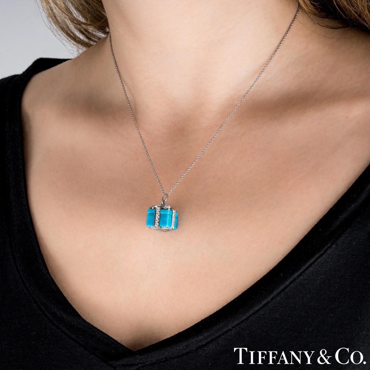Round Cut Tiffany & Co. Platinum Turquoise & Diamond Gift Charm Pendant For Sale