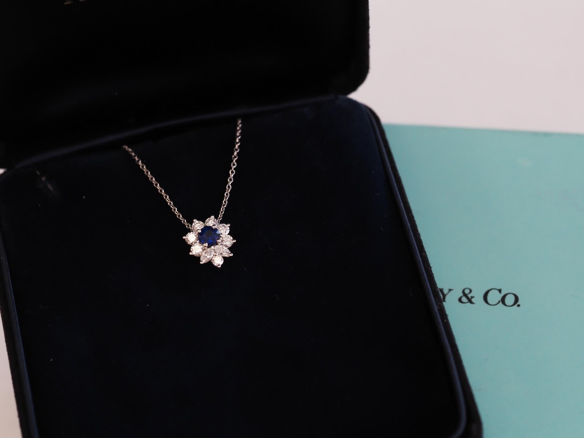 Contemporary Tiffany & Co. Platinum Victoria Diamond and Sapphire Pendant For Sale