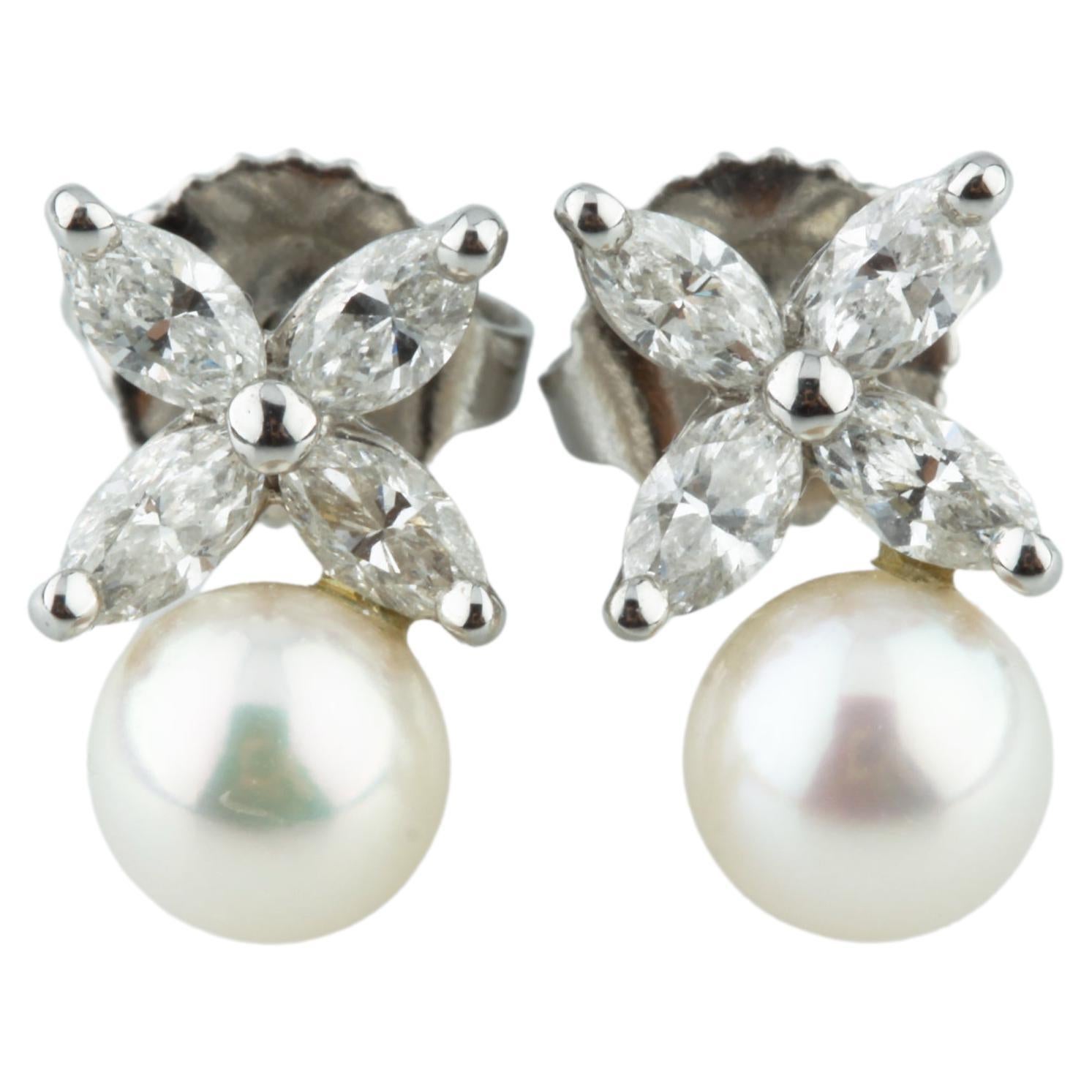 Tiffany & Co. Platinum Victoria Marquise Diamond and Pearl Stud Earrings W/ Box