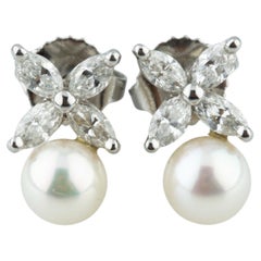 Tiffany & Co. Platinum Victoria Marquise Diamond and Pearl Stud Earrings W/ Box