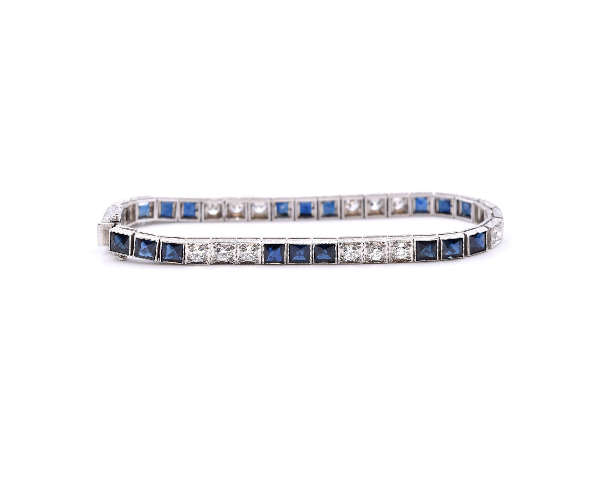 Designer: Tiffany & Co. 
Material: Platinum
Diamond: 18 european cut = 2.00cttw 
Color: G
Clarity: VS2-SI1
Sapphire: 18 faceted square cut = 8.82cttw
Dimensions: bracelet measures 7-inches long
Weight: 22.67 grams