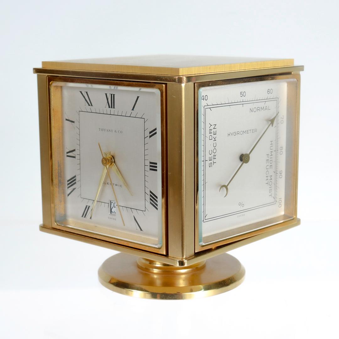 20th Century Tiffany & Co. Polished Brass Mid-Century Modern Desk Weather Station Clock