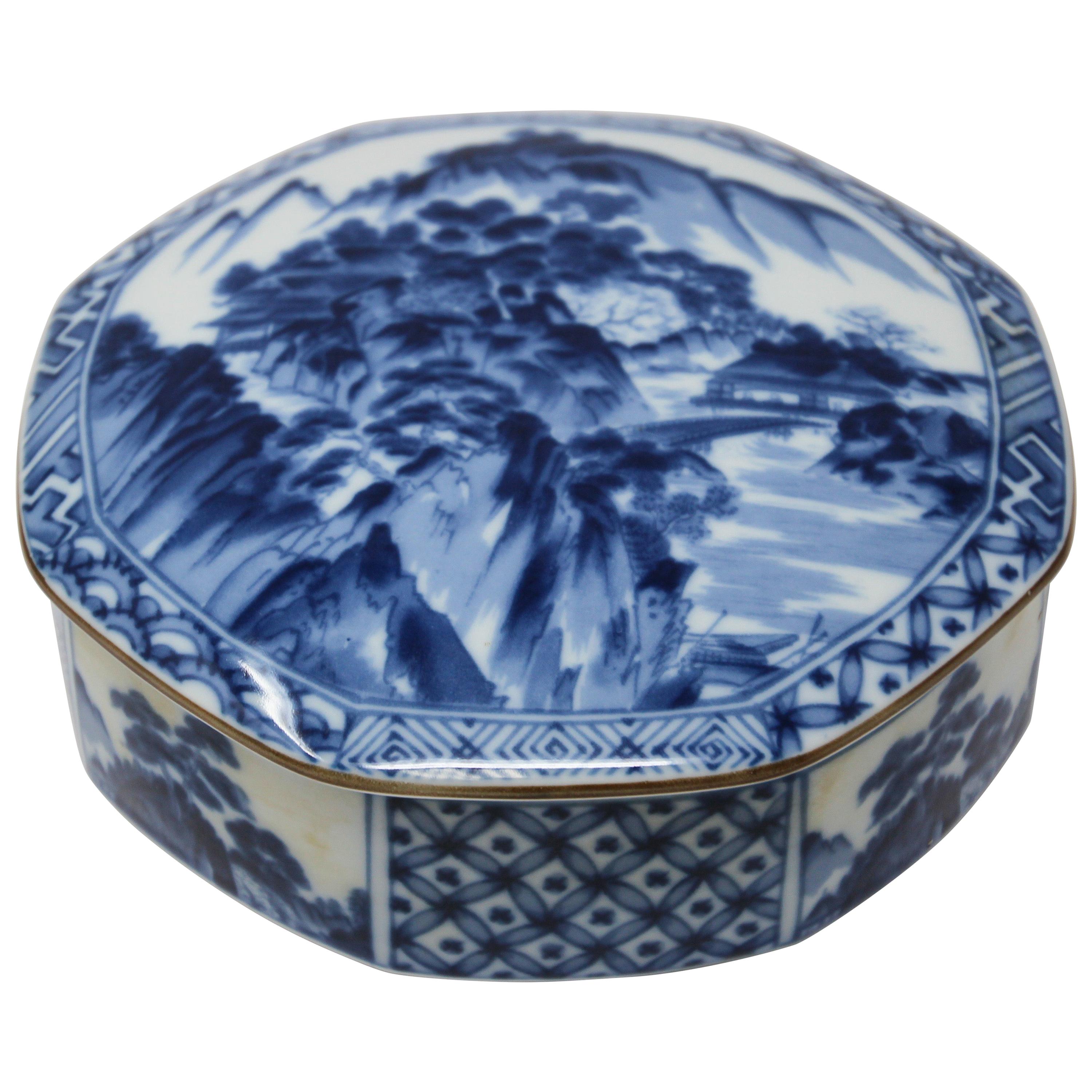 Tiffany & Co. Porcelain Lidded Trinket Box with a Chinese Blue and White Decor