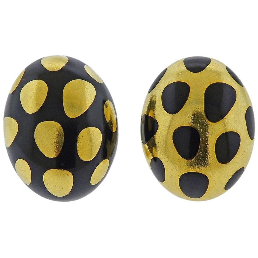 18K Yellow Gold Blue Enamel Polka Dot Heart Dangle Earring 26mm X 5mm