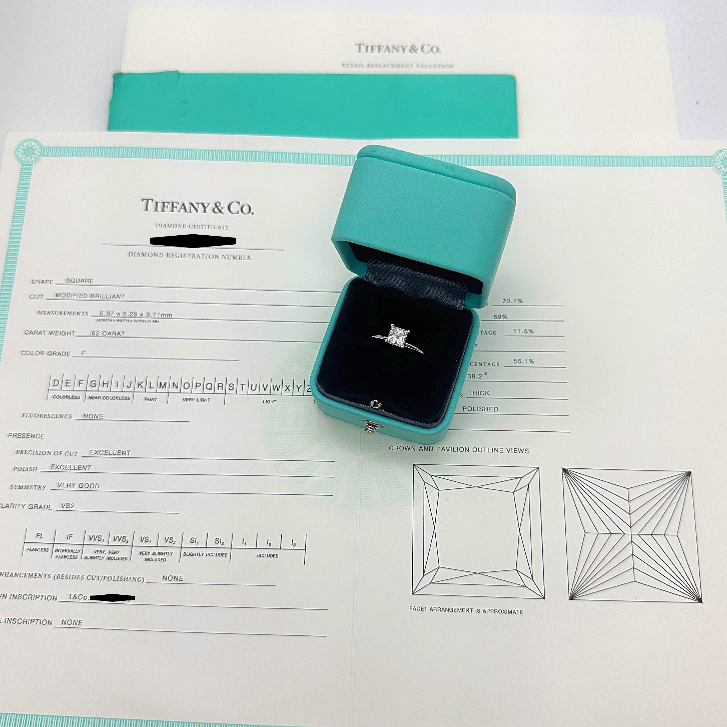 Tiffany & Co. Classic Princess Cut Diamond Solitaire Engagement Ring
Style:  Solitaire 4-Prong
Diamond Registration #:  316*****/O0418****
Metal:  Platinum PT950
Size:   5.5 sizable 
TCW:  0.92 cts
Main Diamond:  Princess Cut  Diamonds 0.92 cts