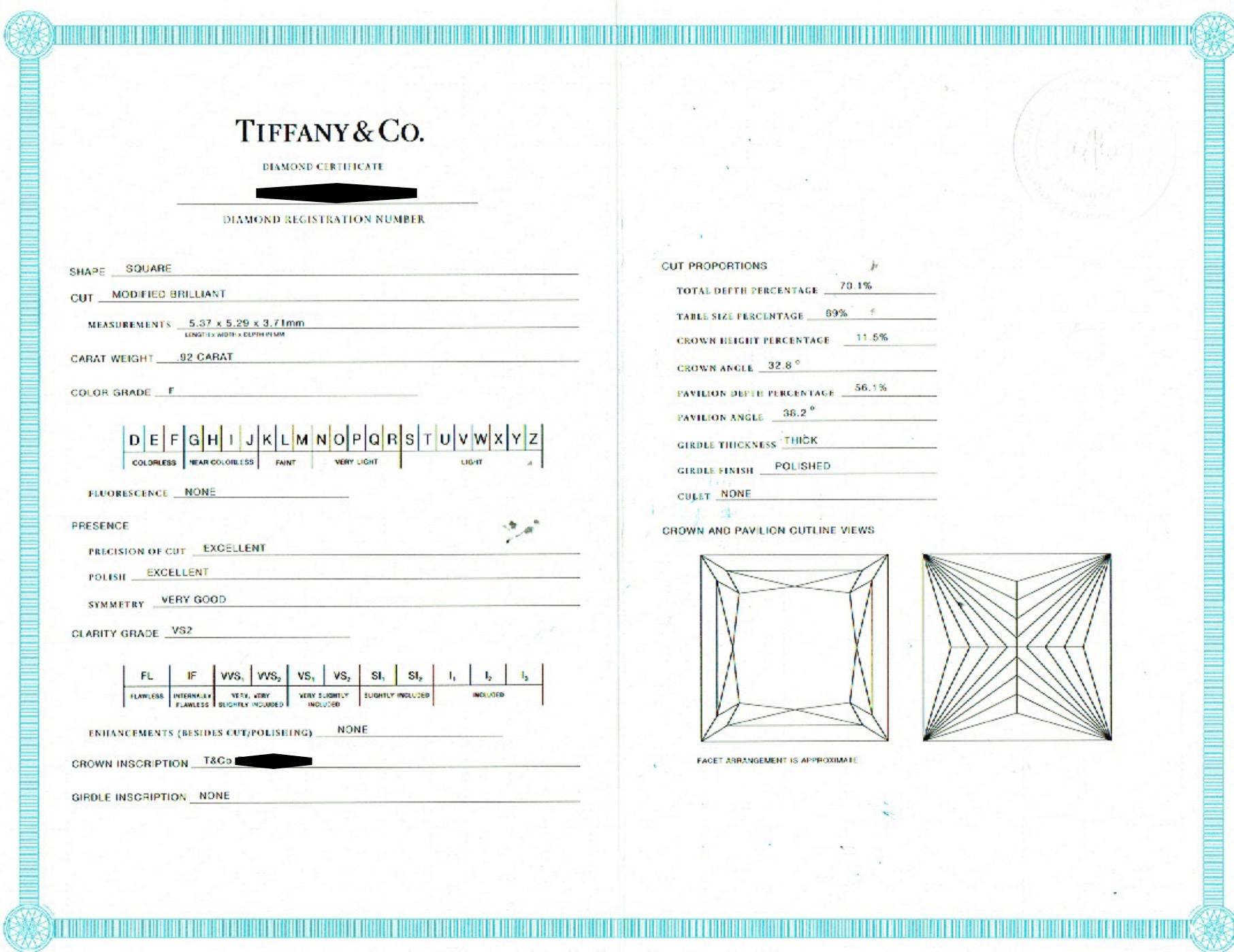 Tiffany & Co Princess Cut Diamond 0.92 cts F VS2 Platinum Engagement Ring In Excellent Condition For Sale In San Diego, CA