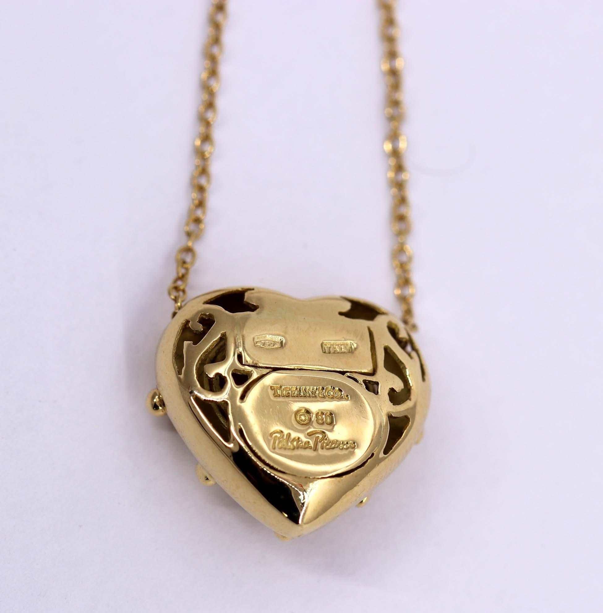 Tiffany & Co. Puffed Heart Pendant on Gold Chain In Excellent Condition In Palm Beach, FL