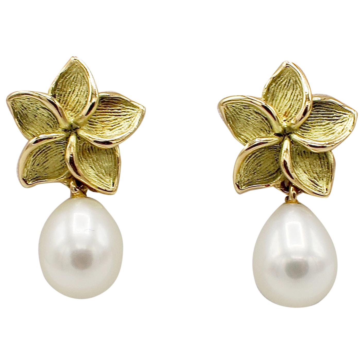 Tiffany & Co. Pulmeria 18 Karat Gold and Freshwater Pearl Flower Drop Earrings