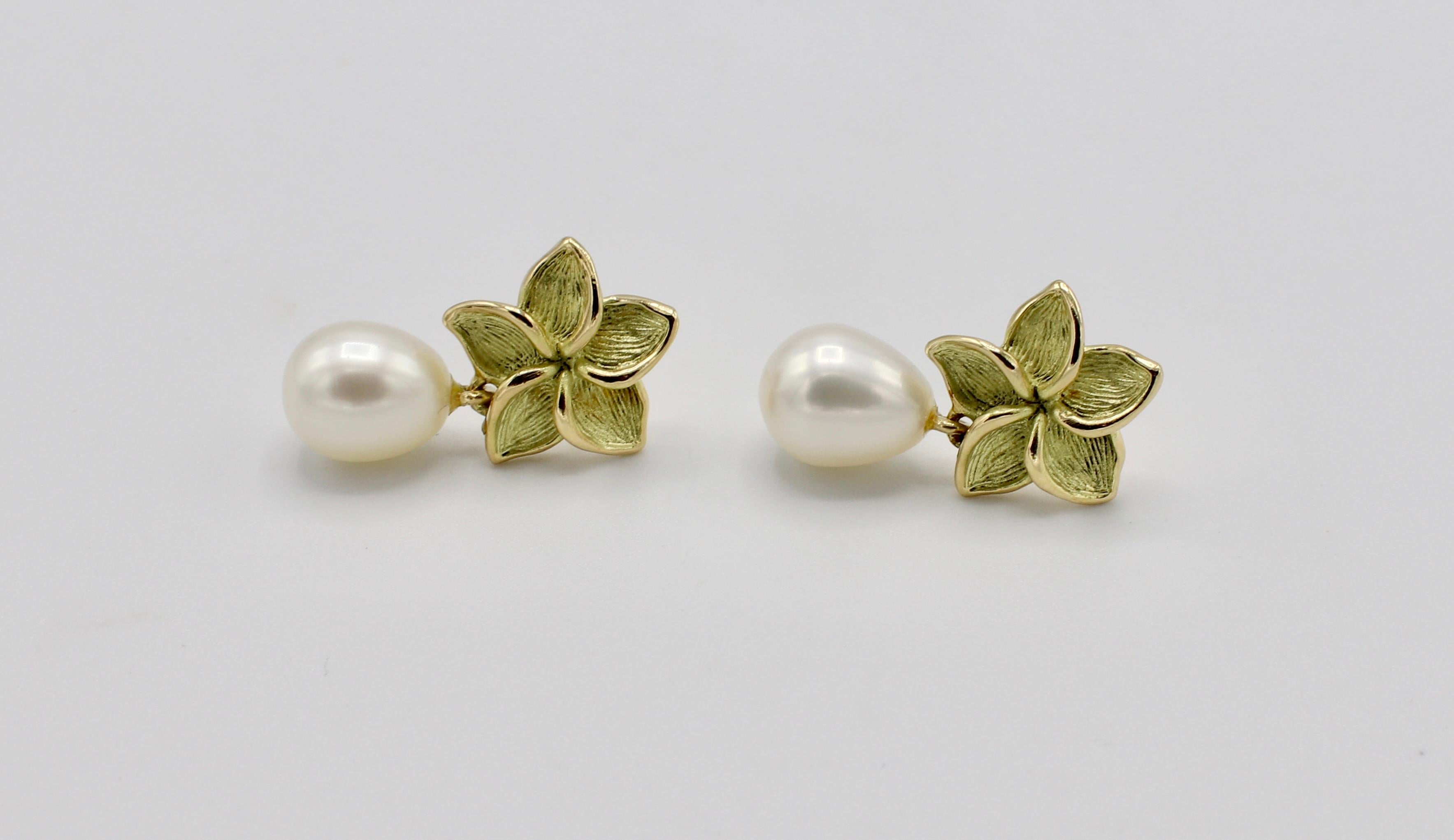 Round Cut Tiffany & Co. Pulmeria 18 Karat Gold and Freshwater Pearl Flower Drop Earrings